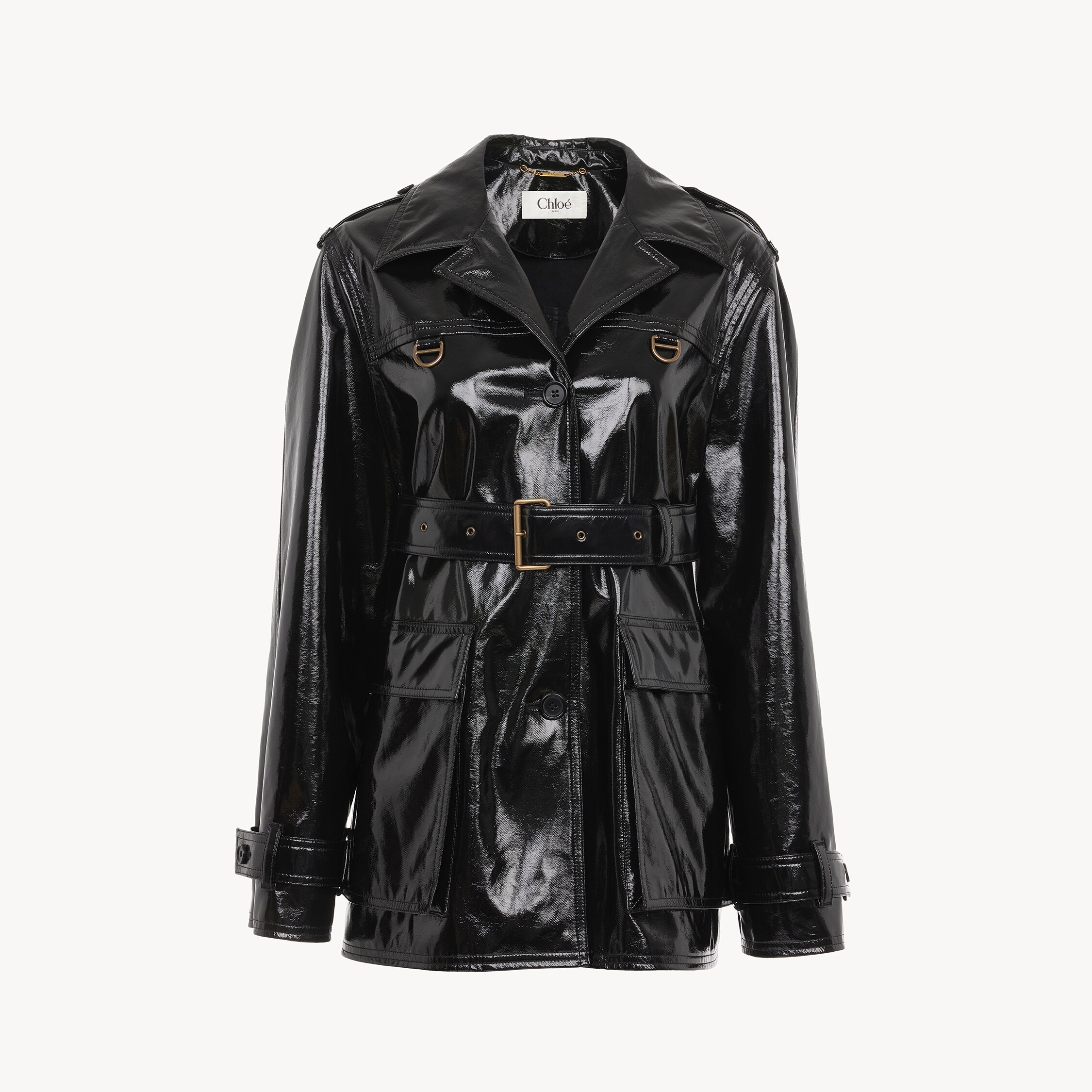 Chloé Belted Jacket In Shiny Coated Cotton In Black