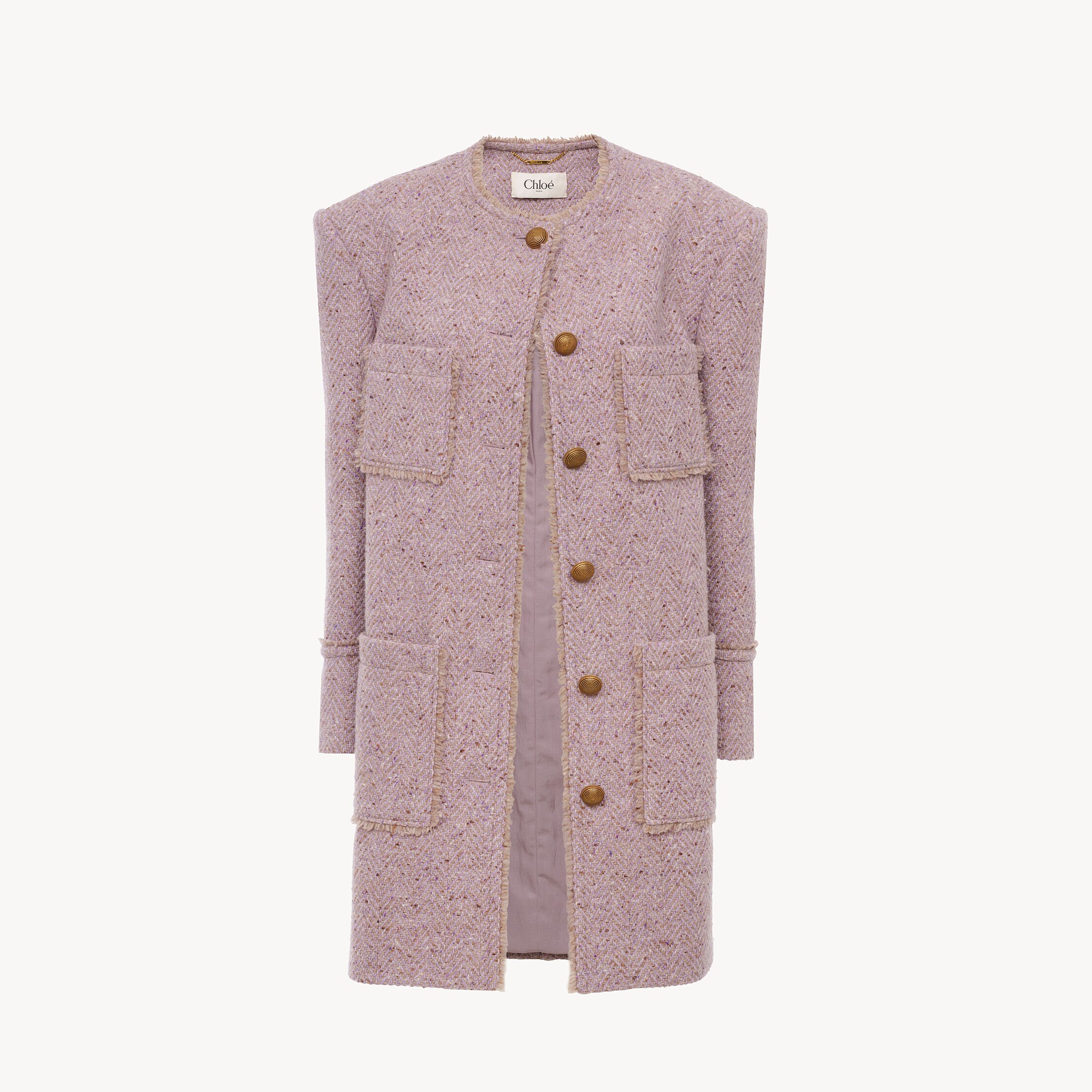 Chloé Single-breasted Collarless Coat In Chiné Wool Tweed In Neutral