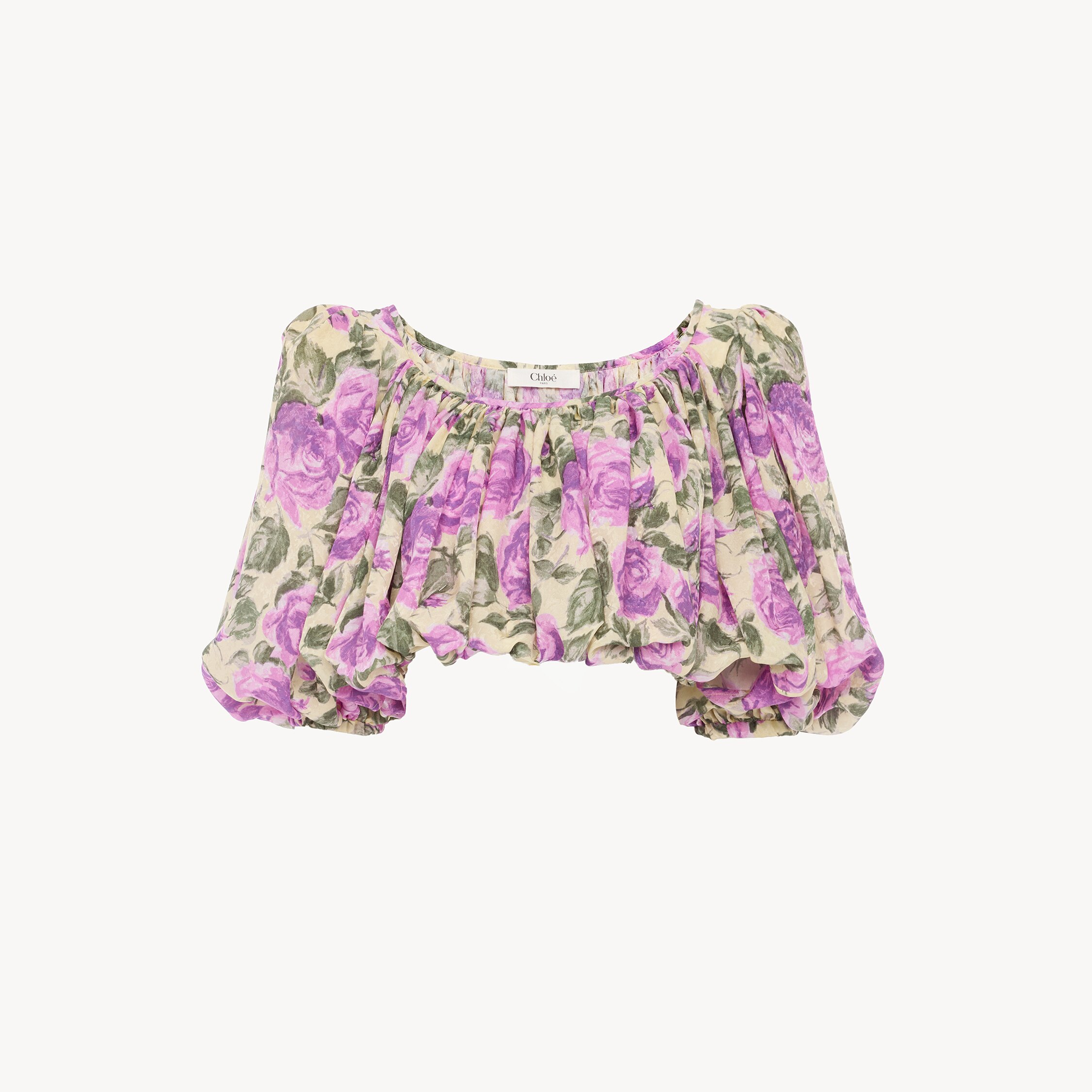 Chloé Puff-sleeve Cropped Top In Silk Jacquard In Purple