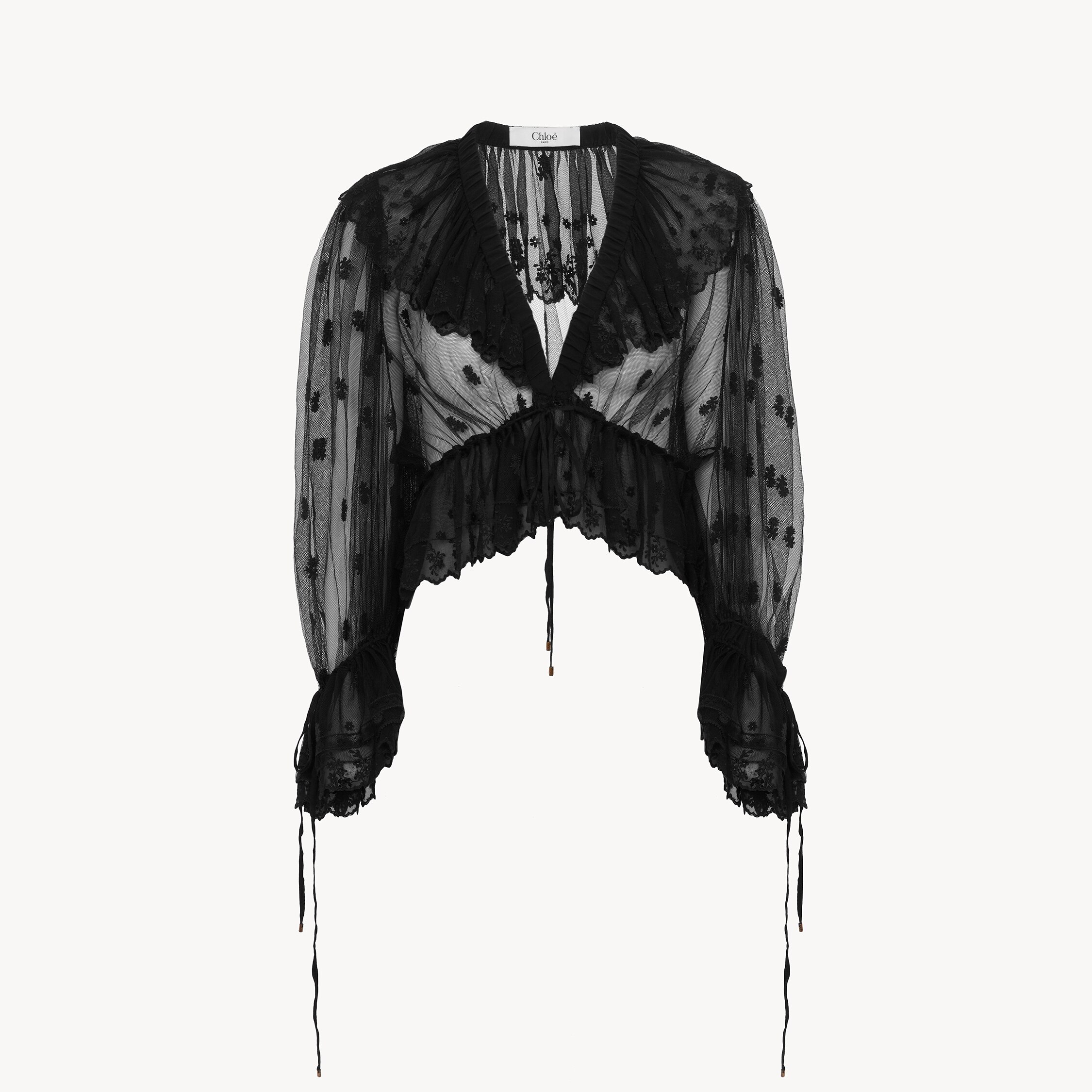 Chloé V-neck Ruffle Top In Embroidered Lace In Black