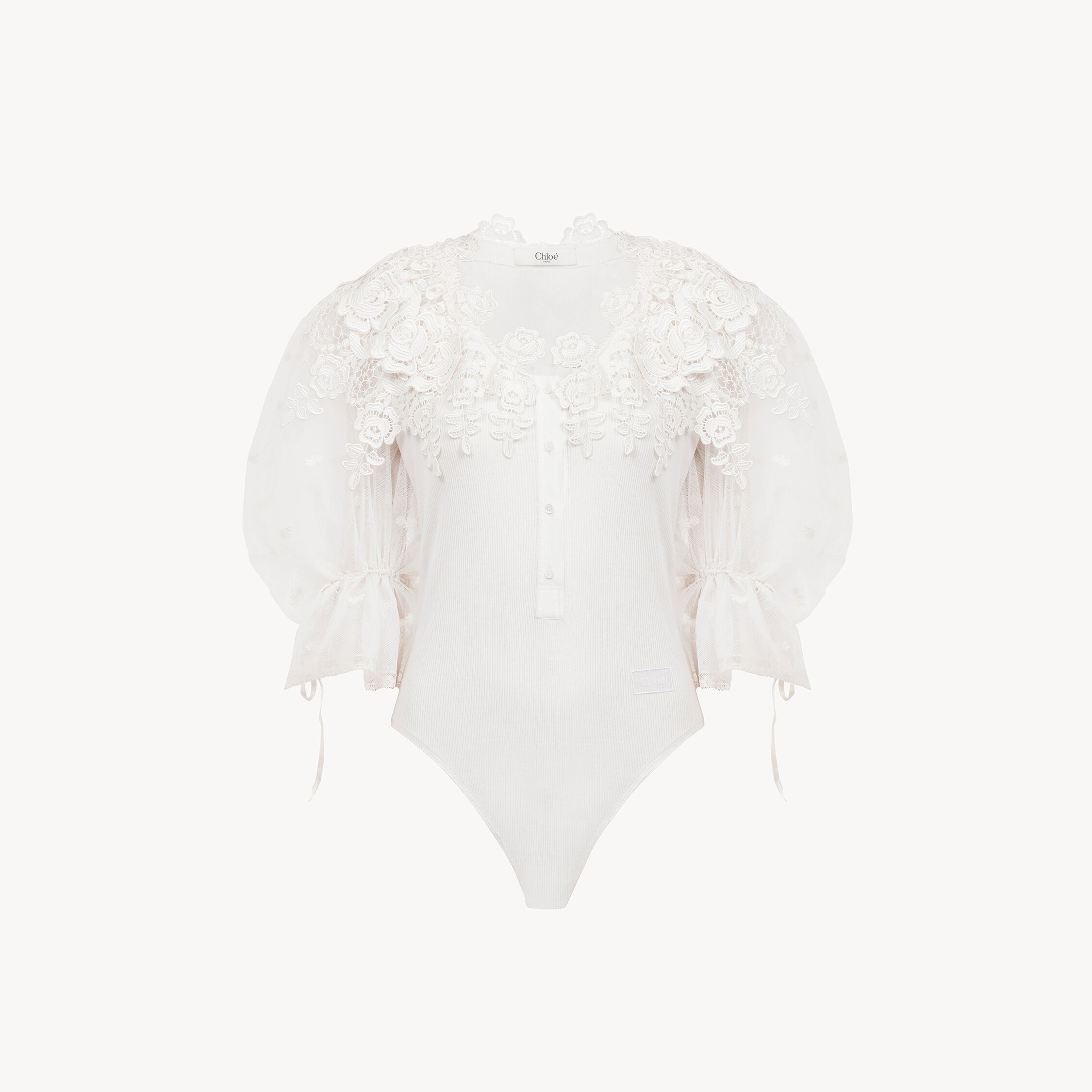 Chloé Puff-sleeve Bodysuit In Guipure Lace Cotton Mix In White