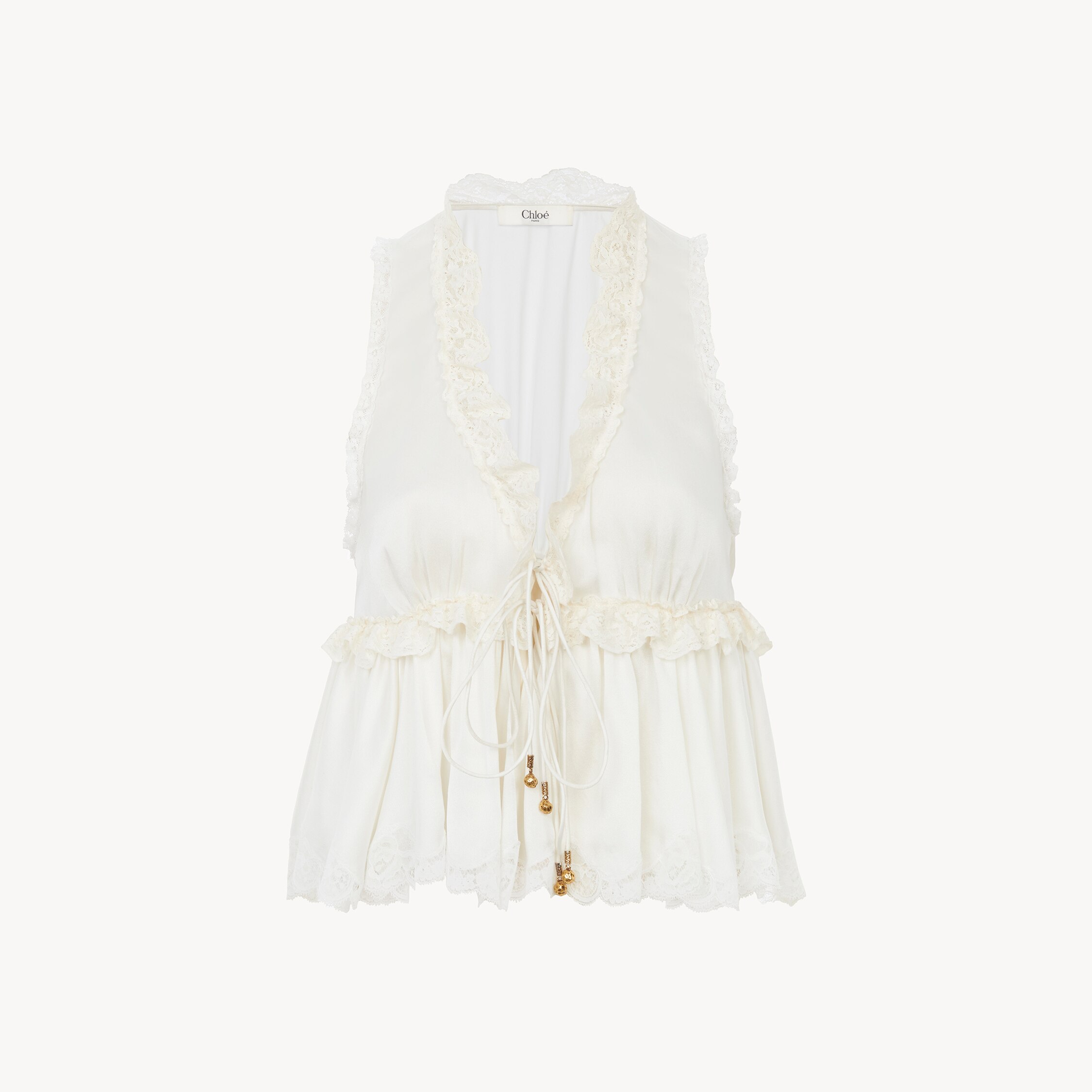Chloé Top Sans Manches À Nouer En Satin De Soie Lavé Et Dentelle In White