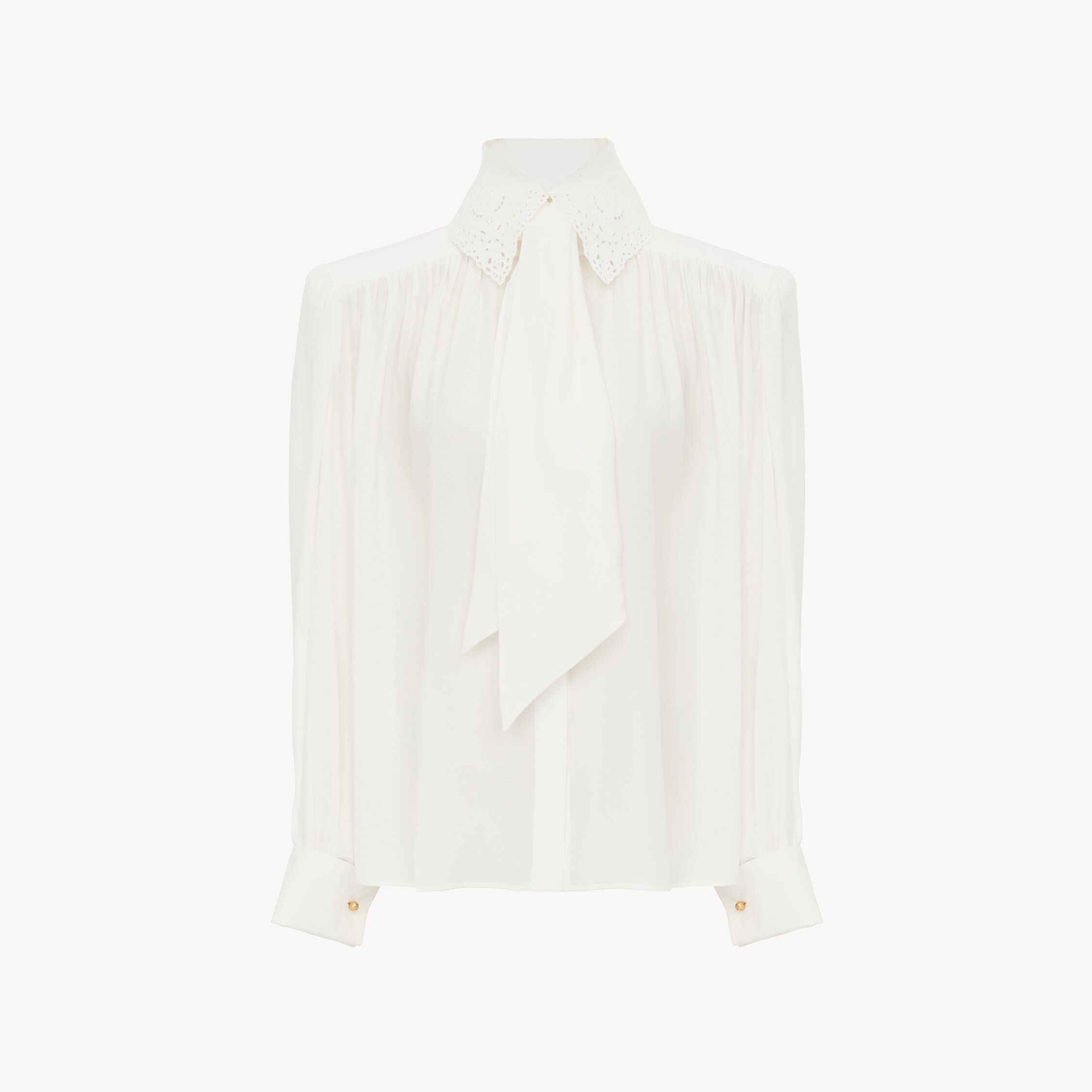 Chloé Blouse Lavallière Froncée En Crêpe De Chine Et Broderie Anglaise In White