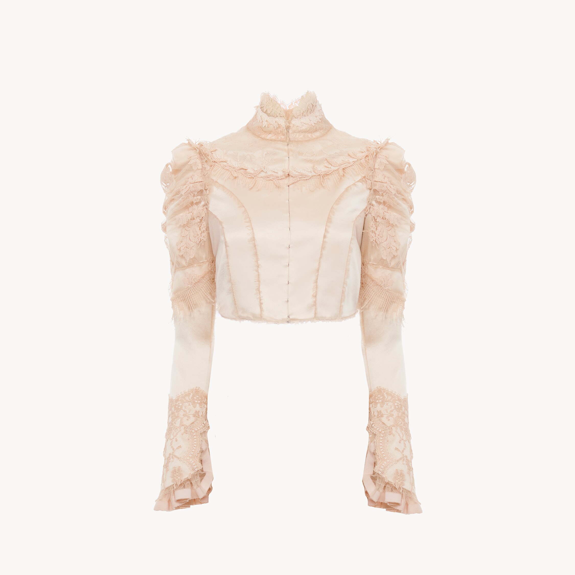 Chloé Cropped Fitted Jacket In Silk Duchess Satin & Lace In Pink