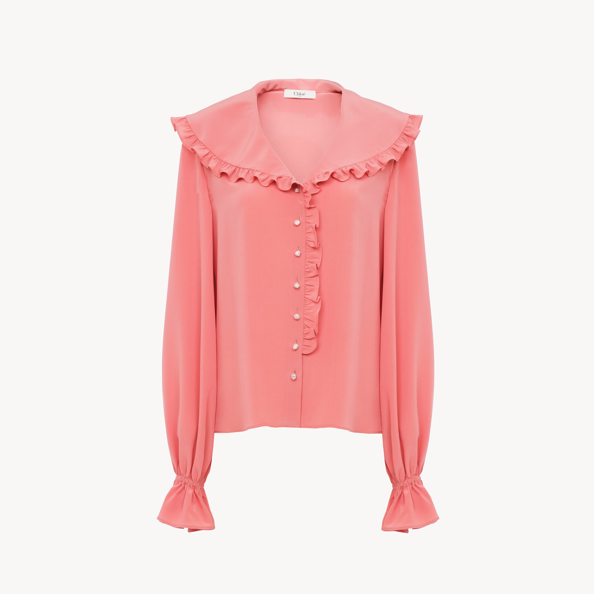 Chloé Bertha-collar Ruffle Button-down Silk Blouse In Pink