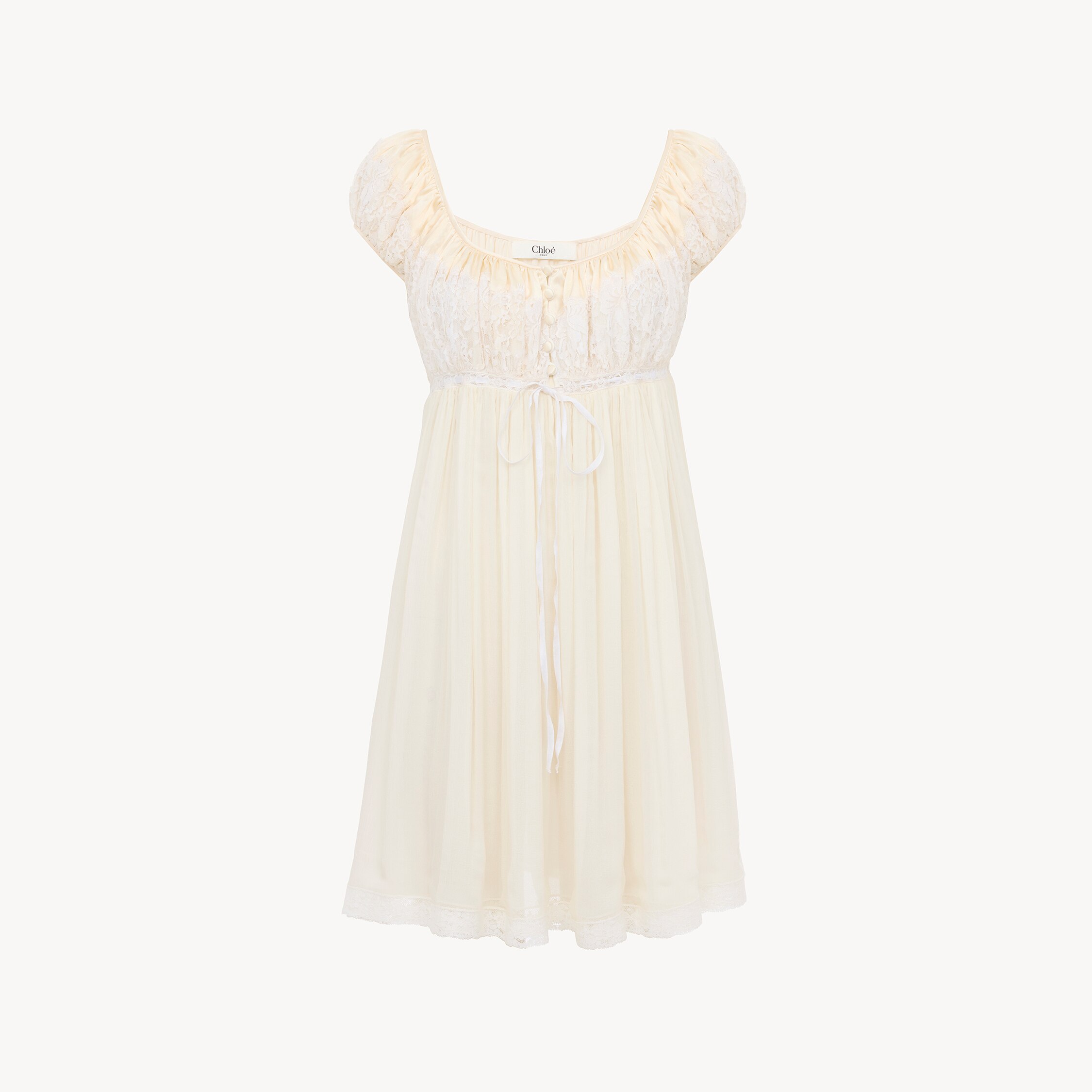 Chloé Short-sleeve Mini Dress In Silk Mousseline & Lace In White