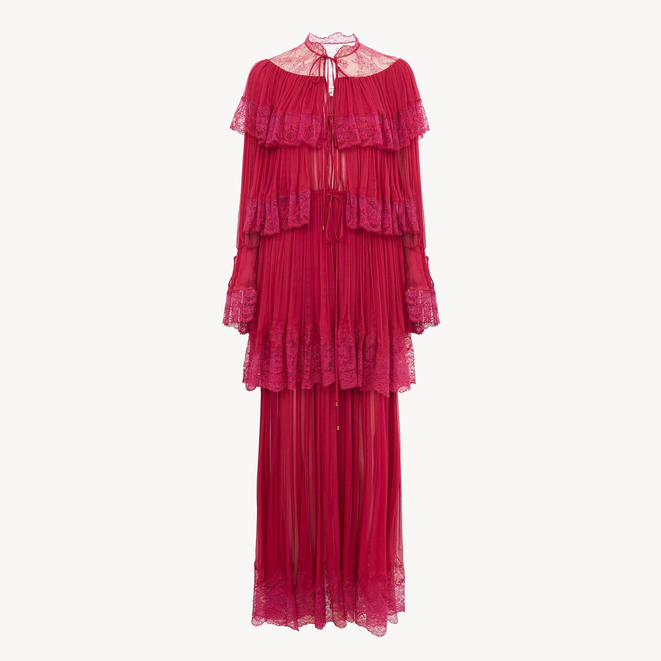 Chloé Long Ruffled Dress In Silk Mousseline & Lace