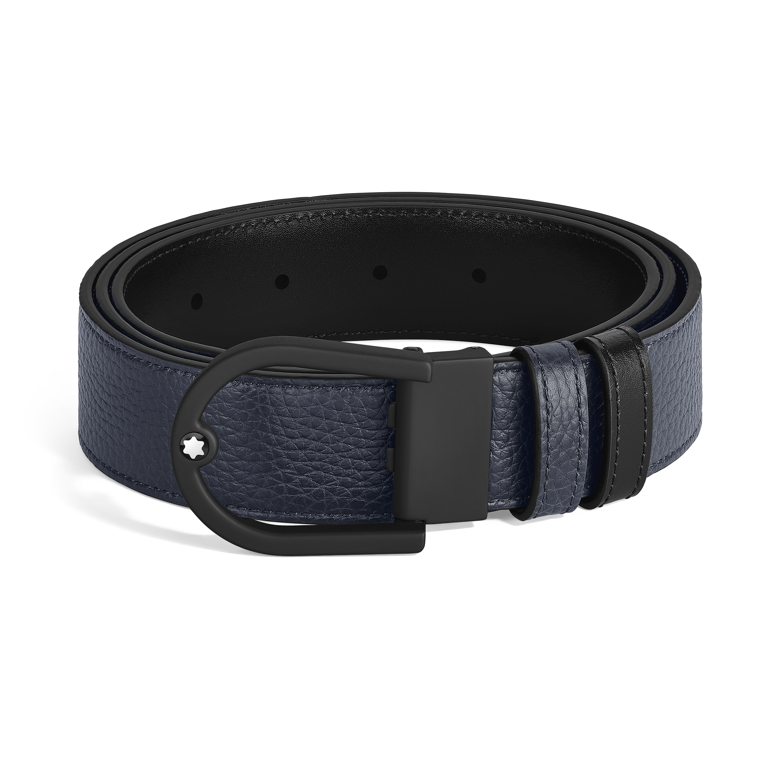  Montblanc - Cintura Reversibile Horseshoe 35 Mm In Pelle Con Grana - Blu Mezzanotte - Pellame - Mb222413 - Cinture 