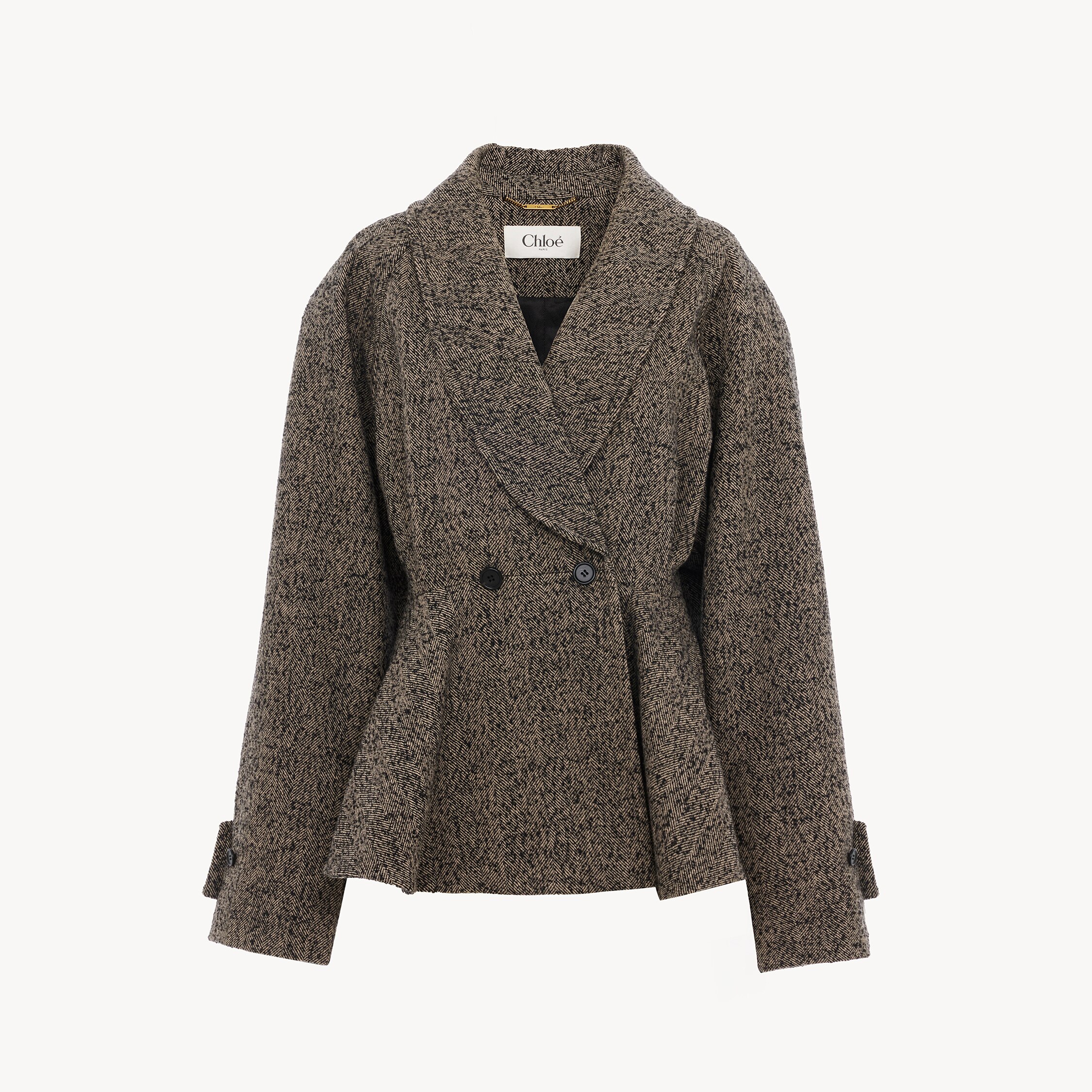Chloé Herringbone Peplum Wool-blend Coat In Brown