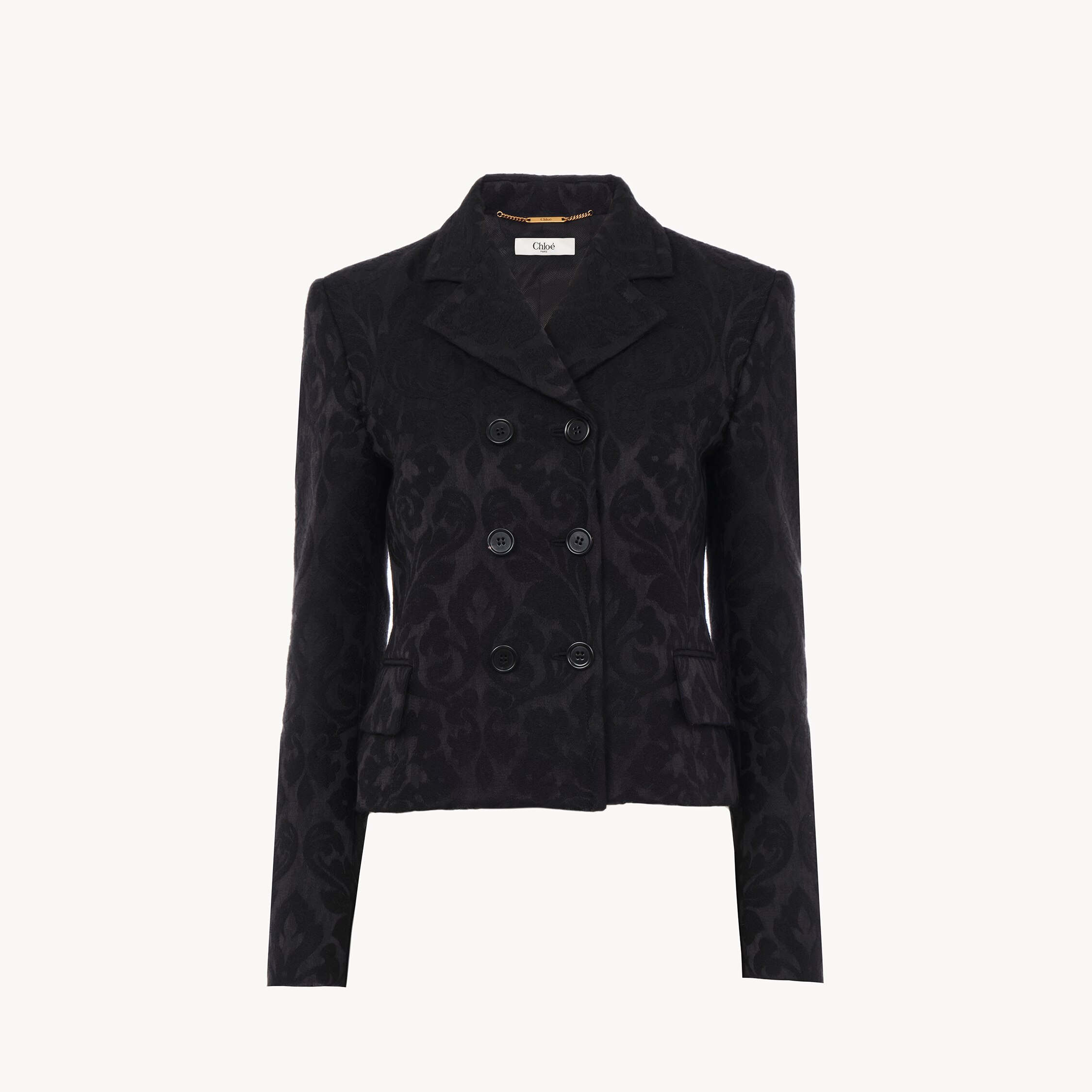 Chloé Double Breasted Floral Jacquard Wool Blend Crop Jacket In Black