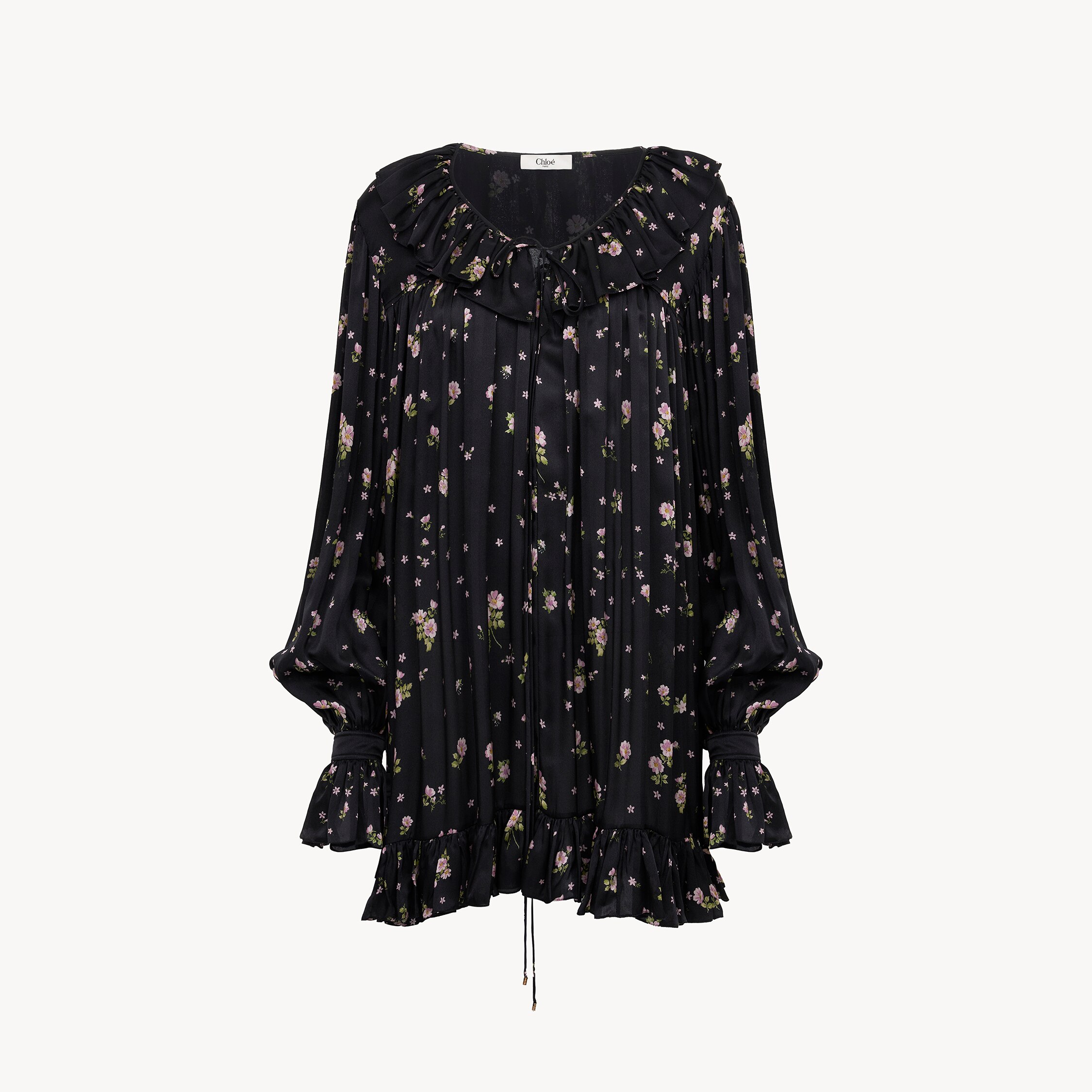 Chloé Gathered Long-sleeve Mini Dress In Silk Charmeuse In Multi