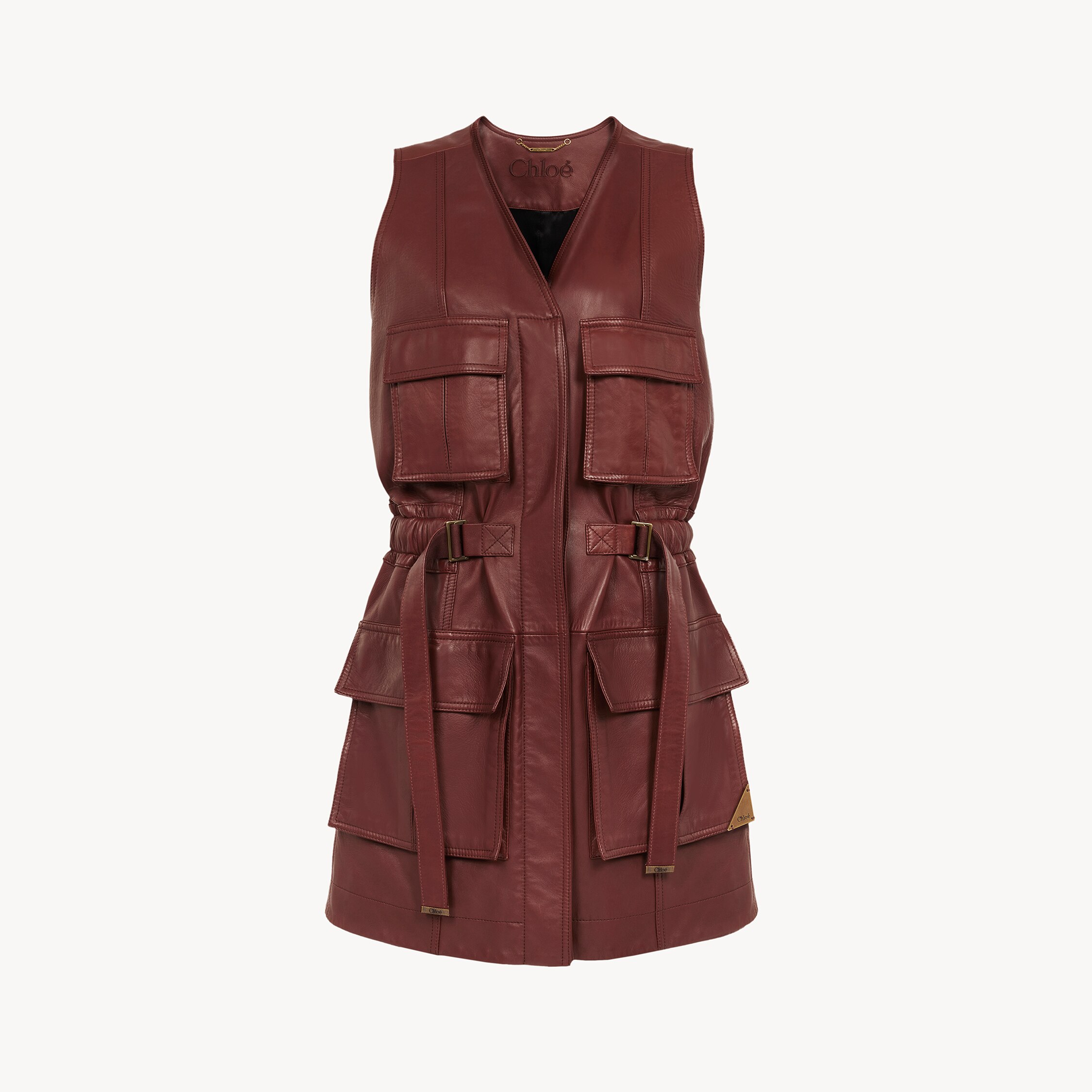 Chloé Bordeaux Vest With V Neck And Adjustable Belt In Leather Woman In Multicolor