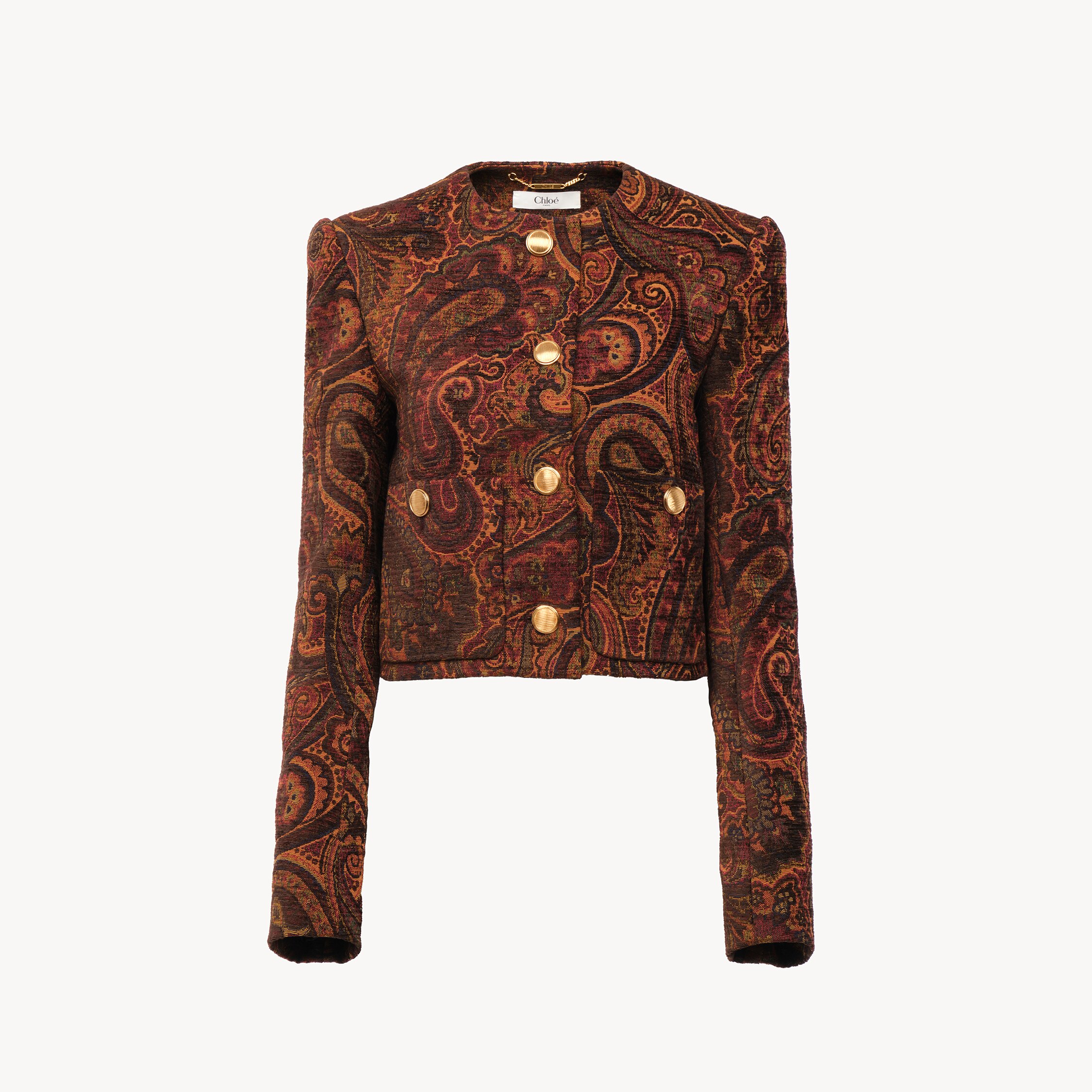 Chloé Boxy Collarless Jacket In Tapestry Jacquard In Brown