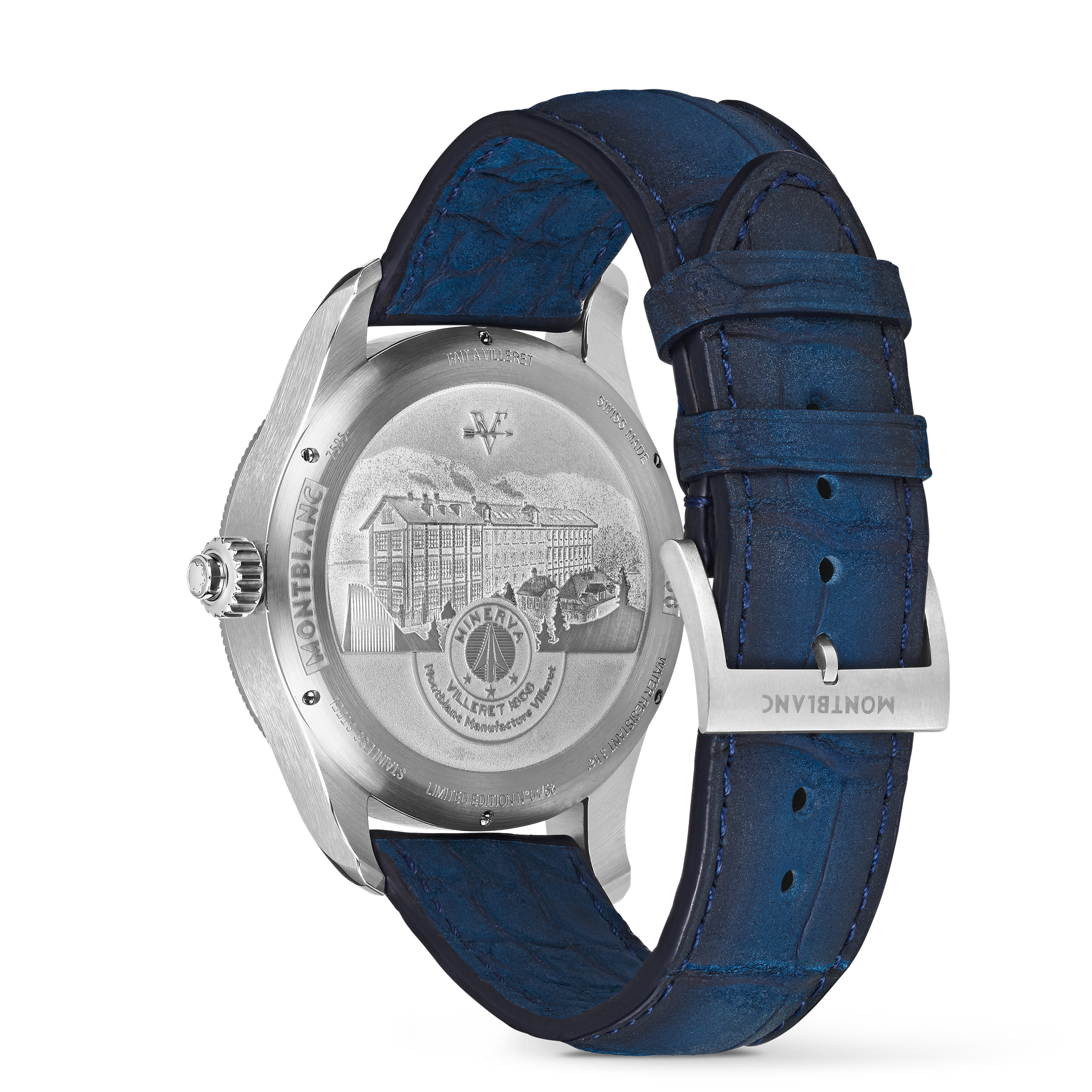  Montblanc - Montblanc 1858 The Unveiled Secret Minerva Monopusher Chronograph Limited Edition - 58 Pièces - Bleu / Argenté - Acier - Or Gris - 