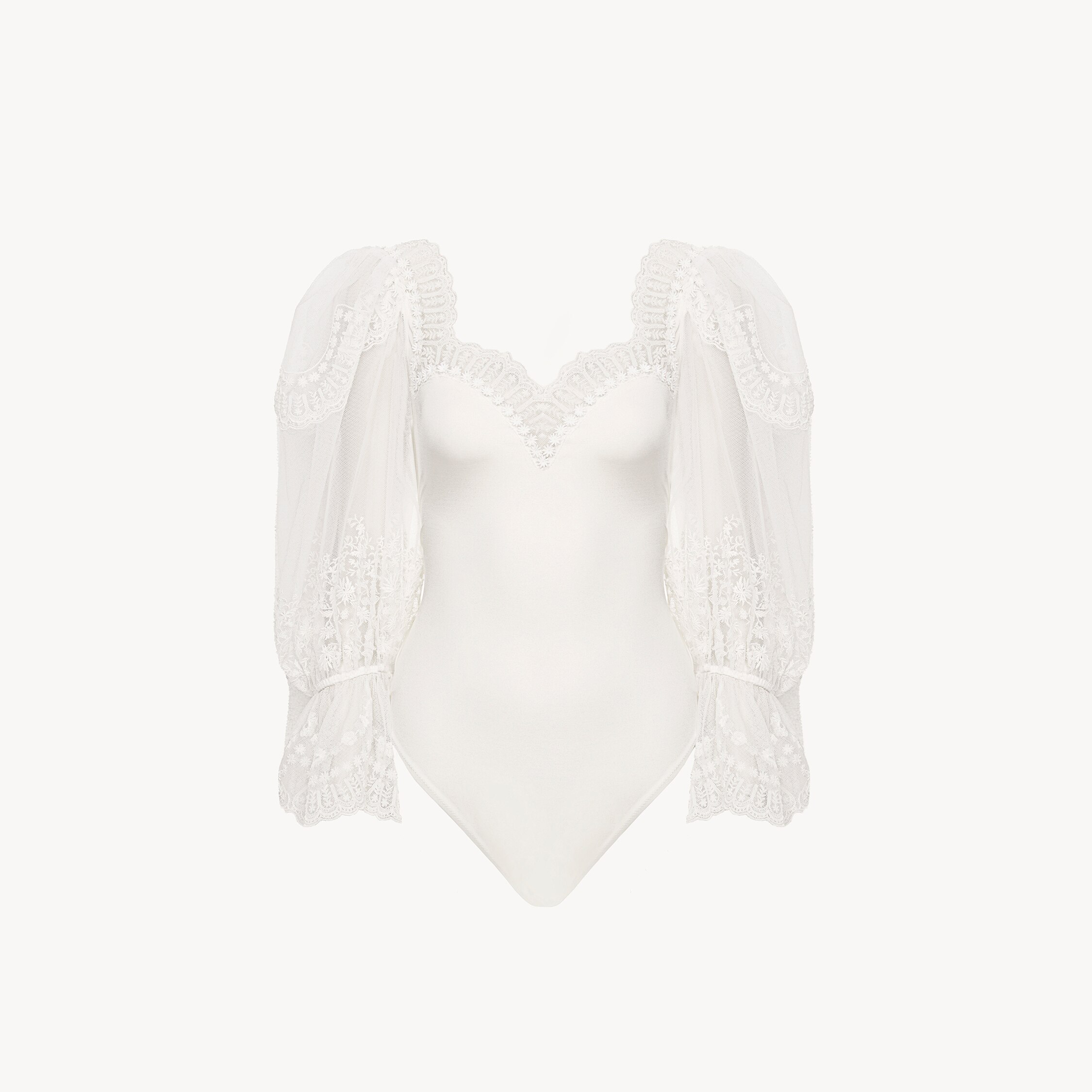 Chloé Puff-sleeve Bodysuit In Shiny Stretch Jersey & Lace In Neutral