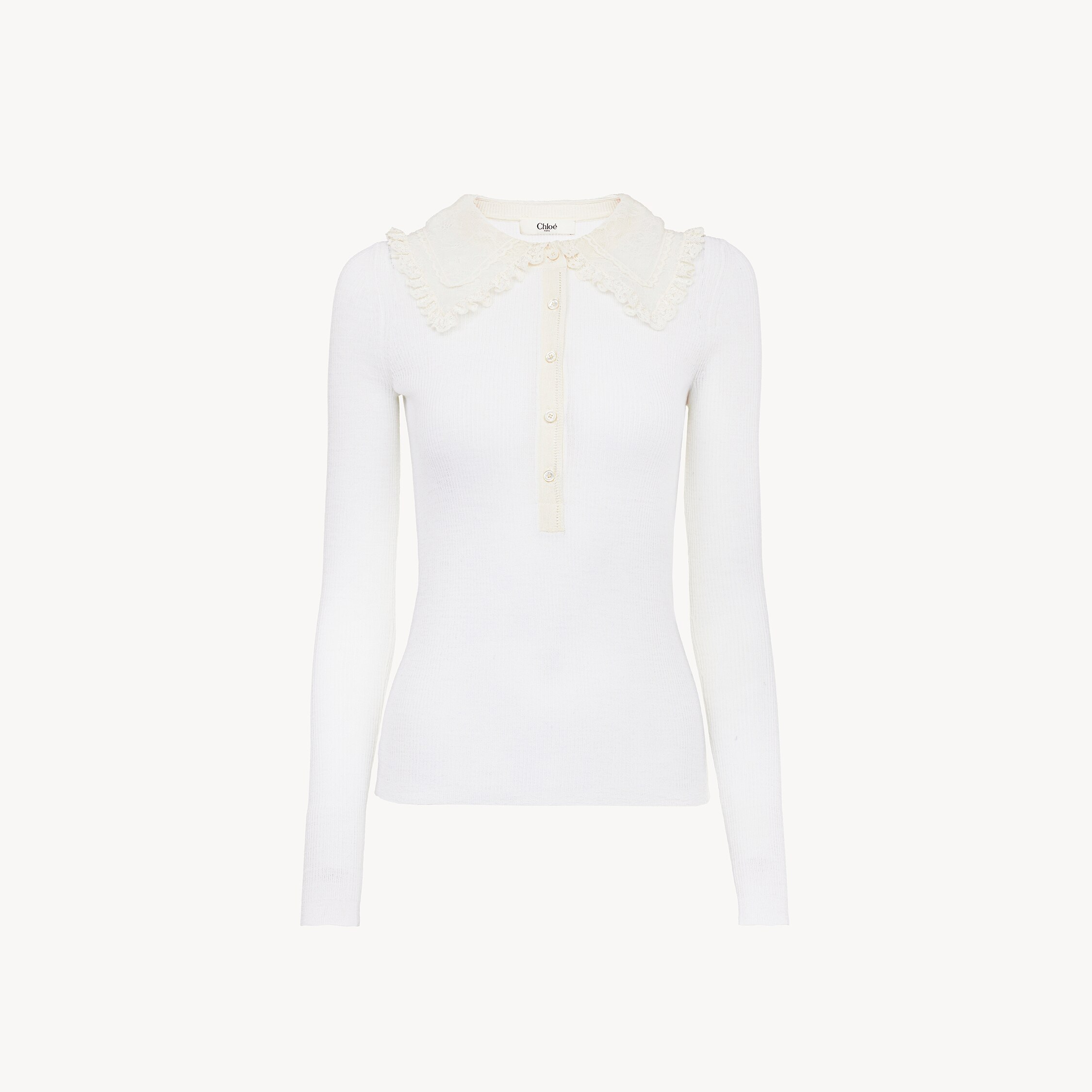 Chloé Collared Henley Shirt In Superfine Wool Knit & Lace In White