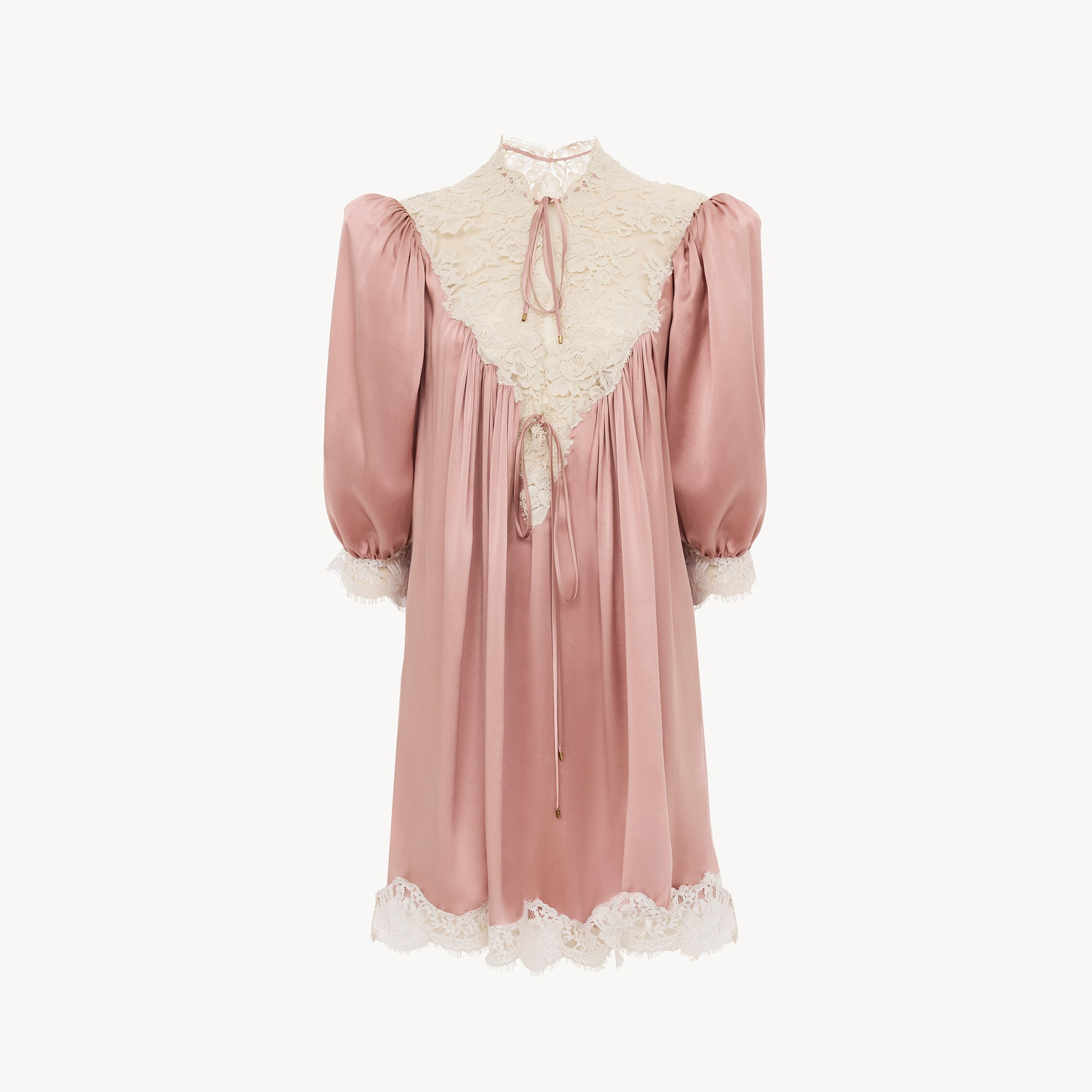 Chloé Gathered V-neck Mini Dress In Washed Silk Satin & Lace In Pink
