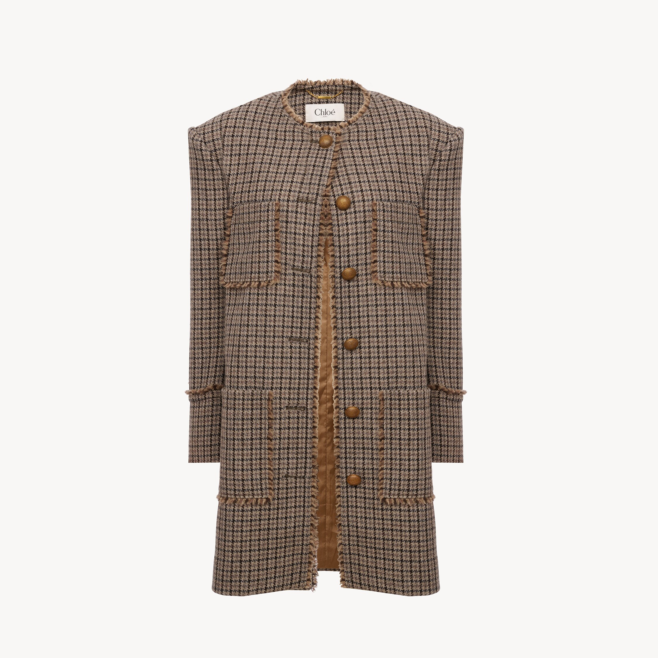 Chloé Single-breasted Collarless Coat In Houndstooth Wool In Brown