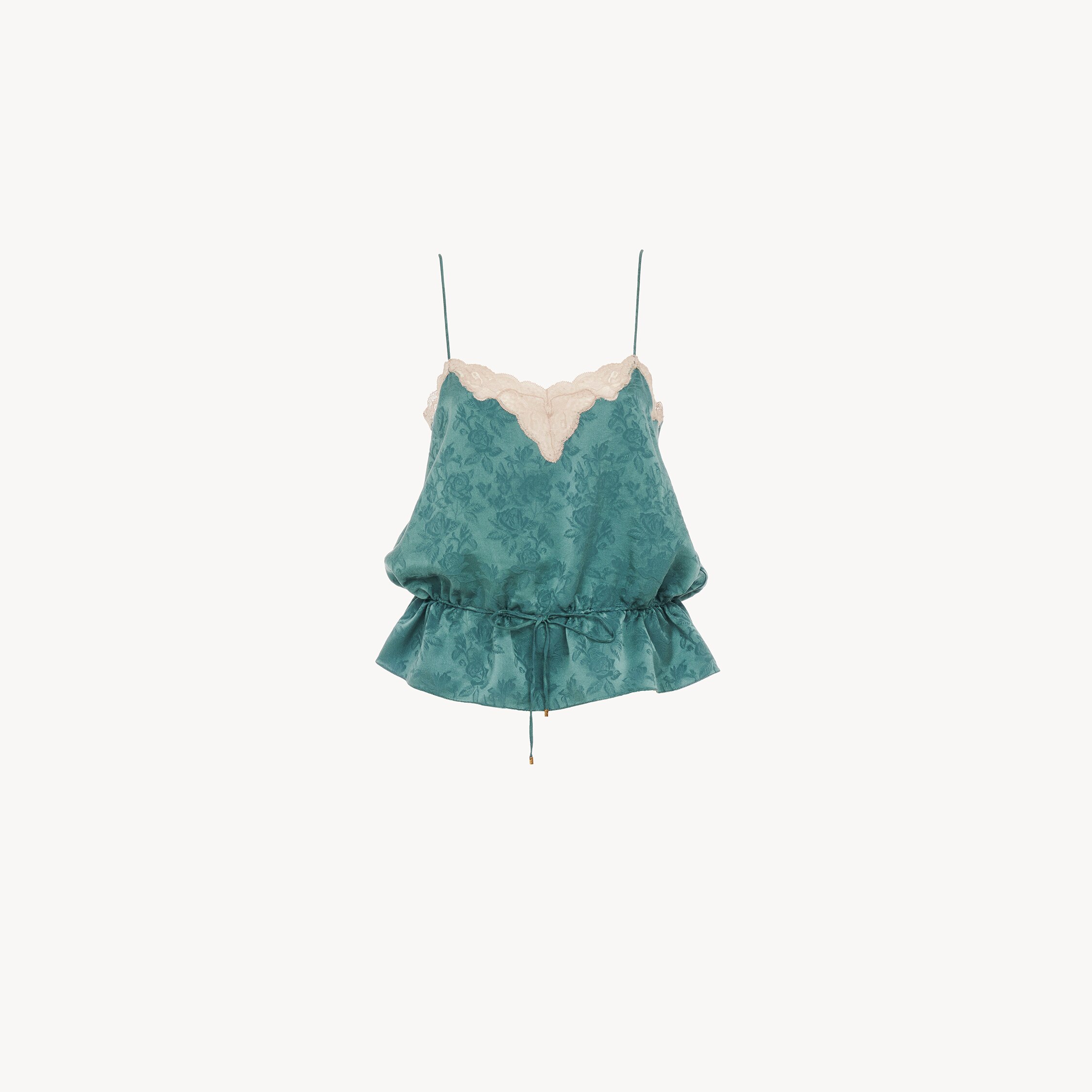 Chloé Drawstring Camisole Top In Silk Jacquard & Lace In Green