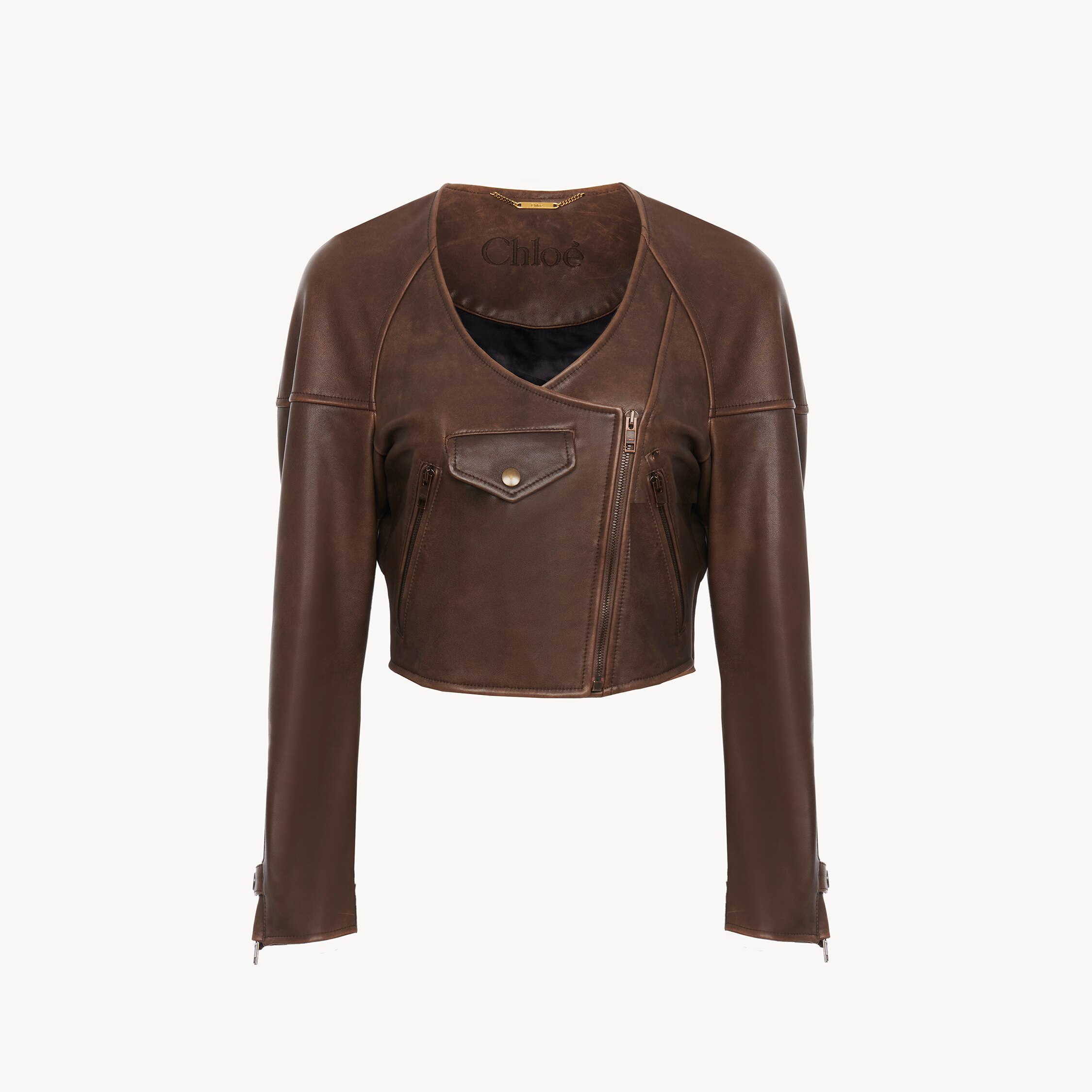 Chloé Cropped Scoop-neck Jacket In Leather In Brown