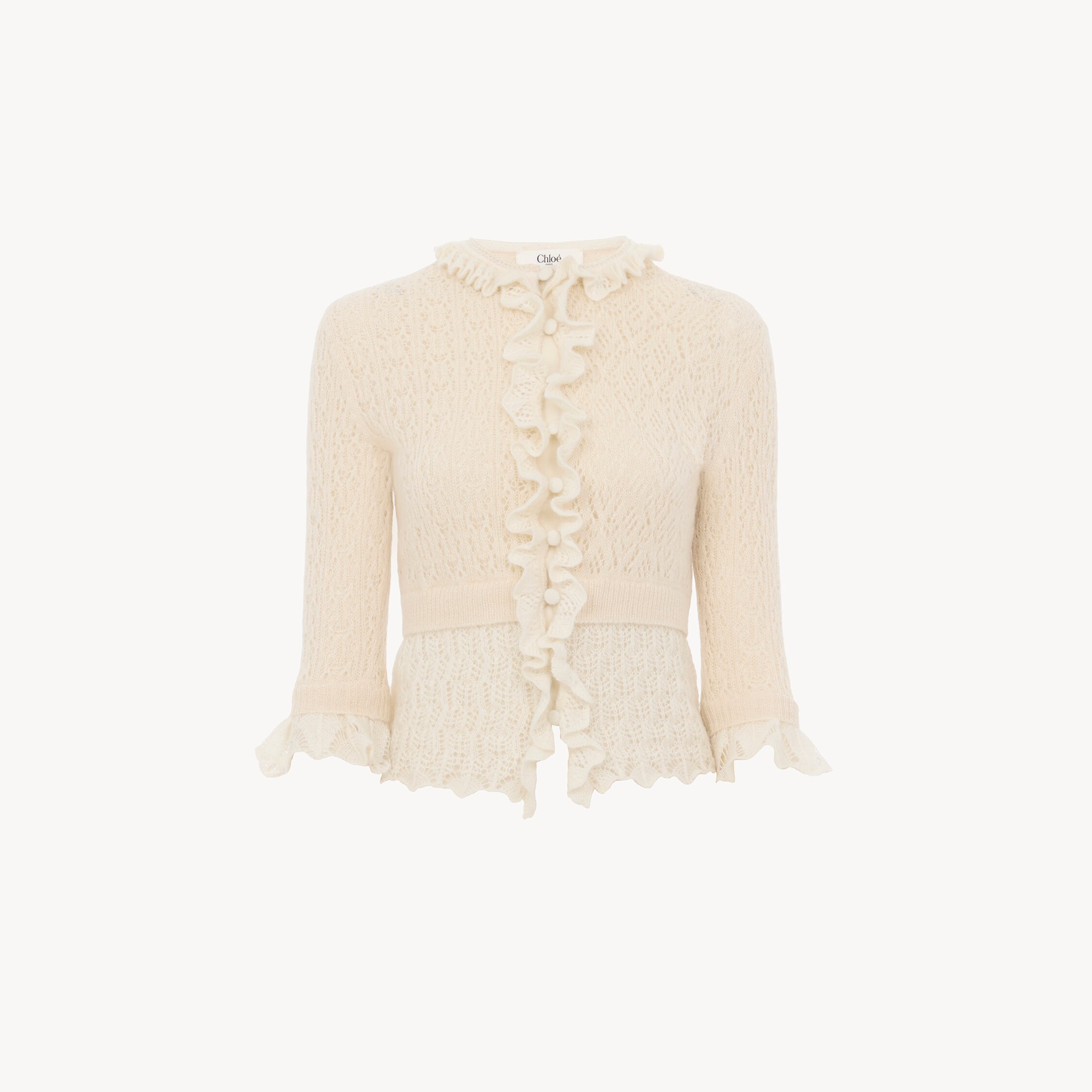 Chloé Cropped Ruffle Sweater In An Alpaca Wool & Silk Knit In Neutral