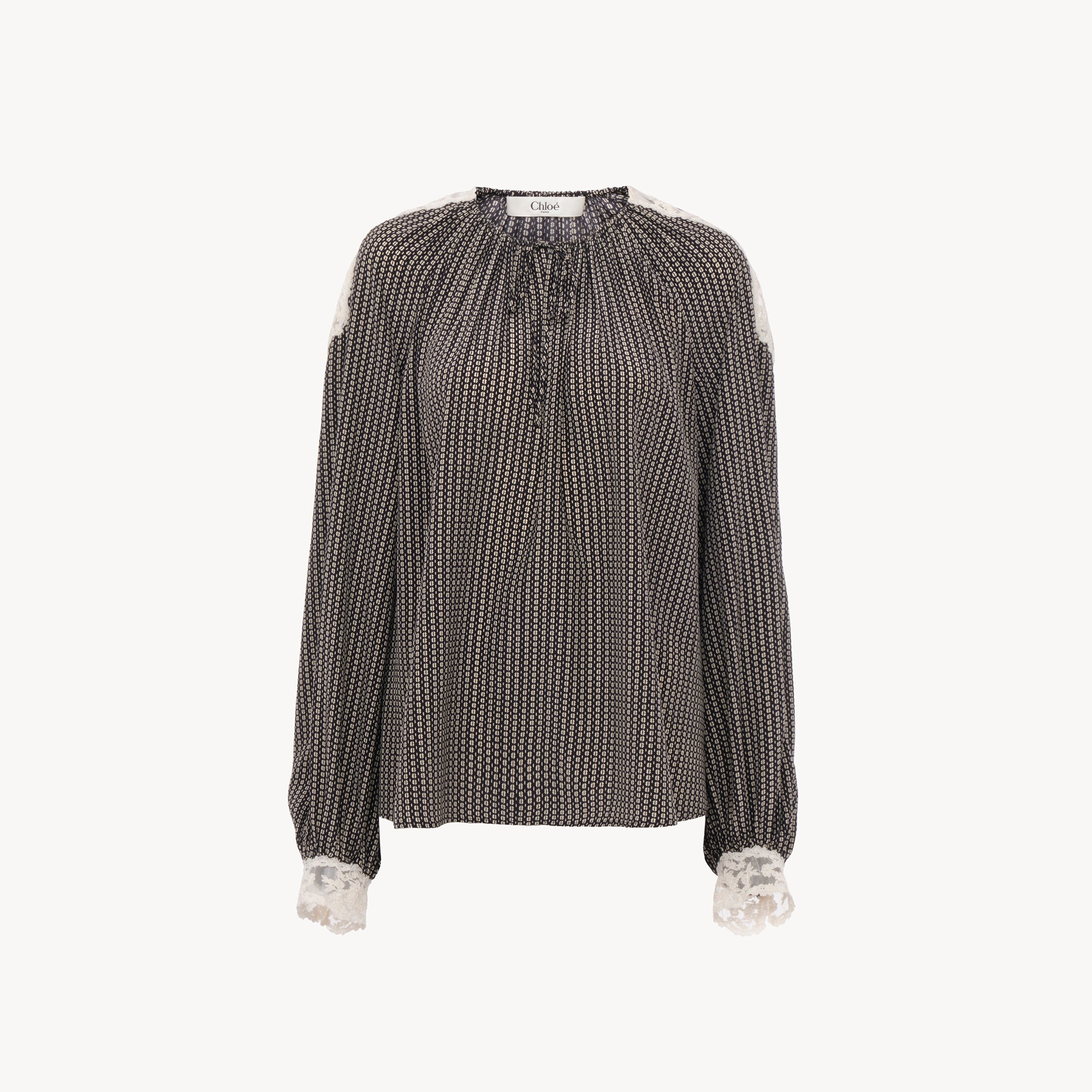 Chloé Open-neck Top In Crêpe De Chine & Lace In Brown