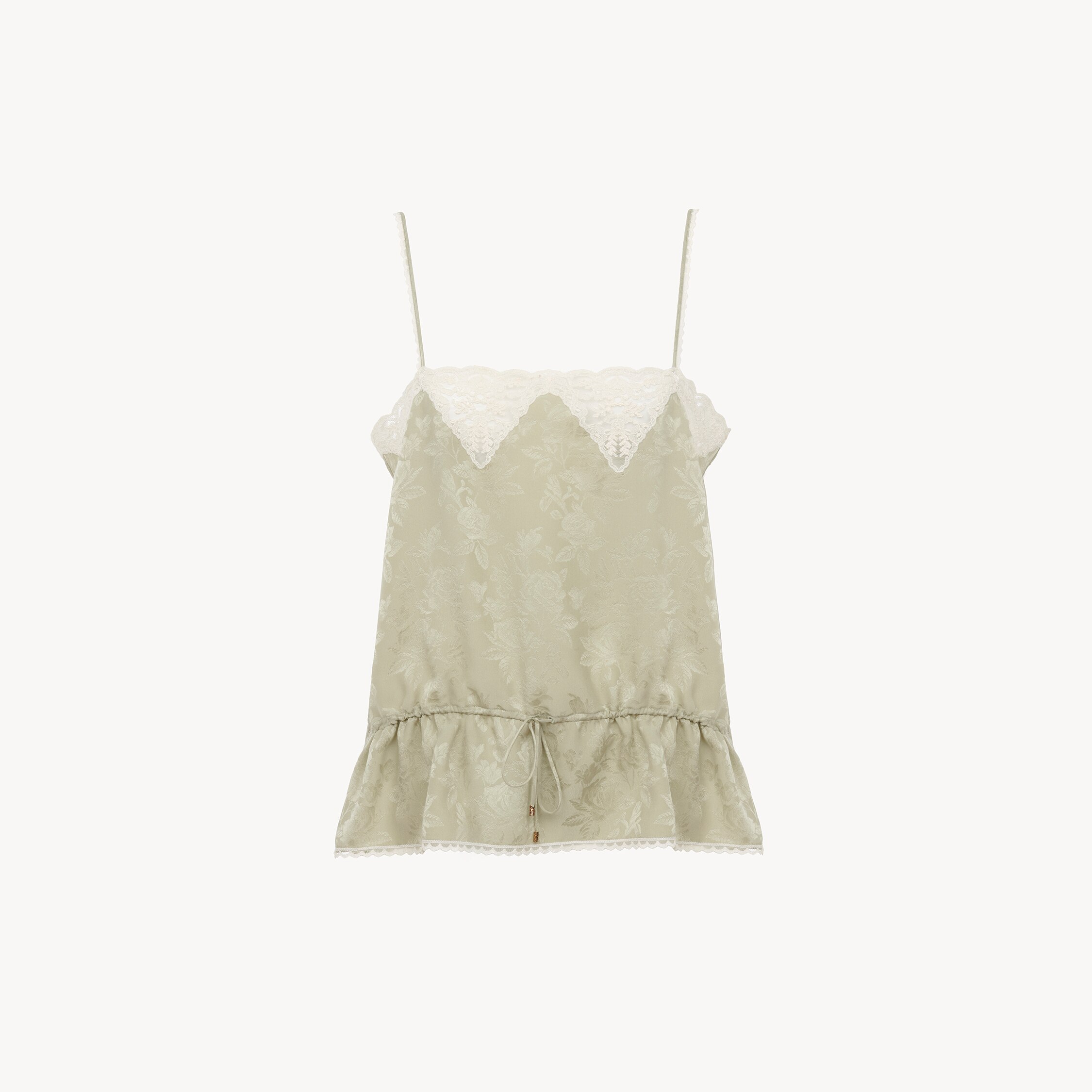 Chloé Drawstring Camisole Top In Silk Jacquard & Lace In Neutral