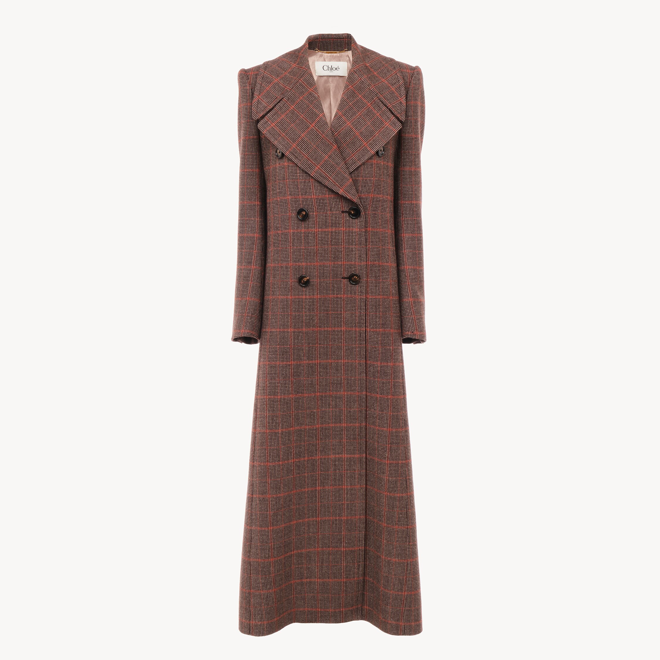 Chloé Long Double-breasted Coat In Check Wool In Brown