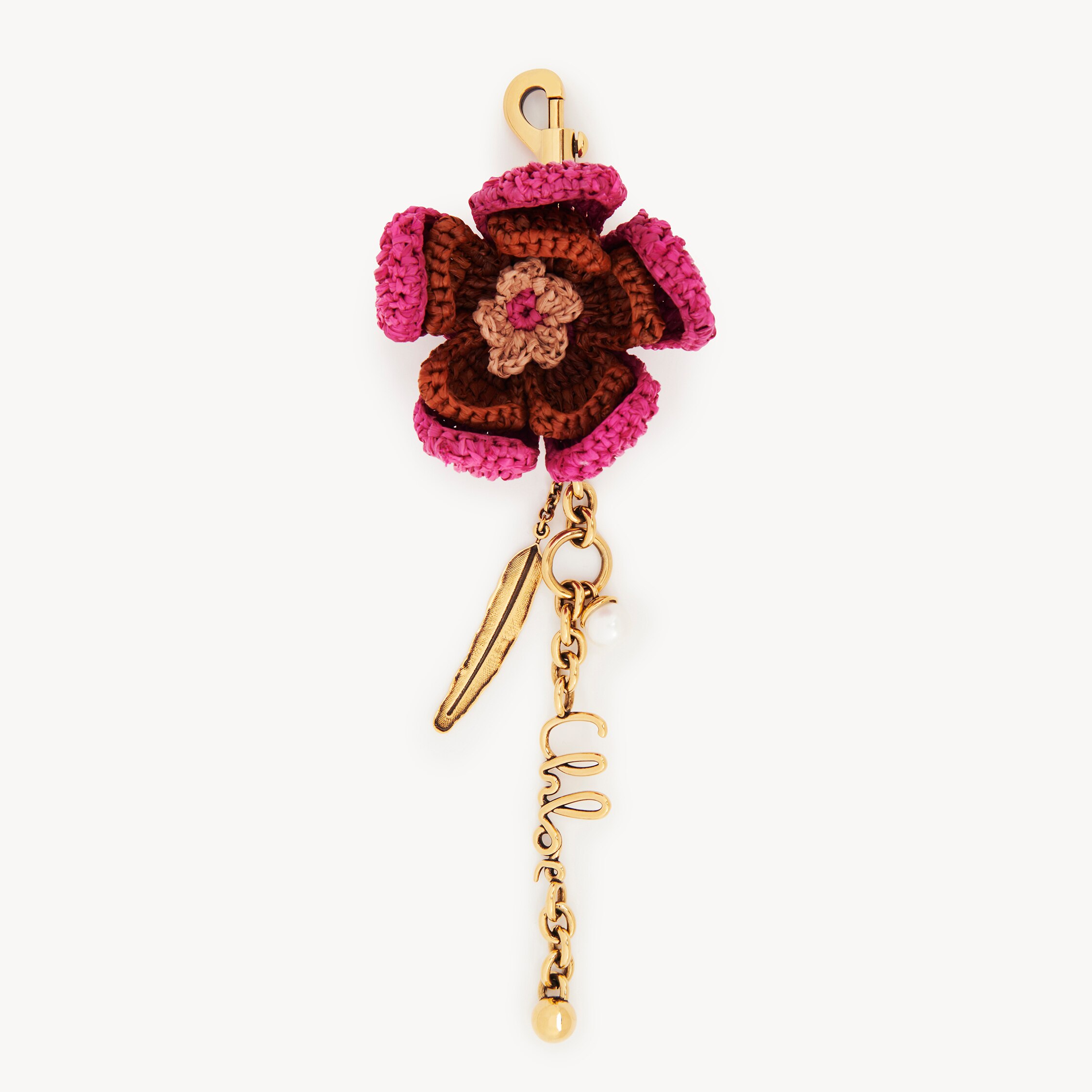 Chloé Flower Bag Charm In Raffia & Metal In Pink