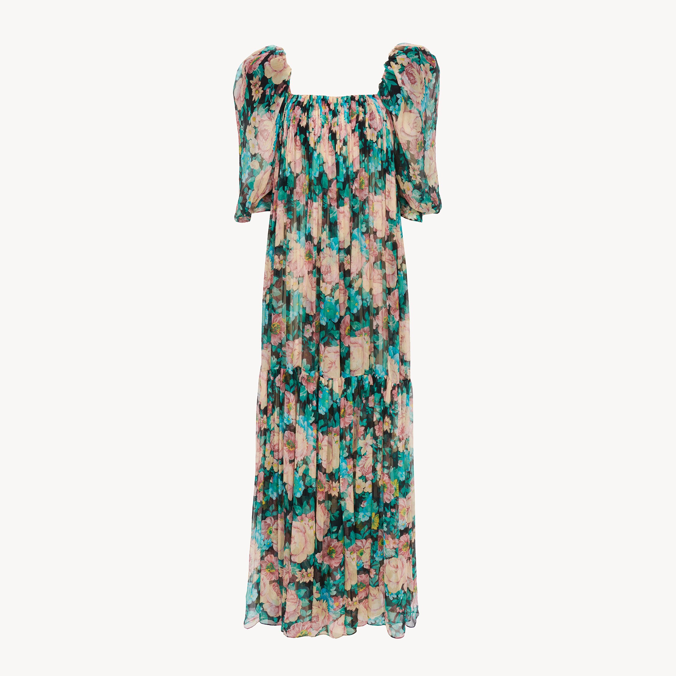 Chloé Puff-sleeve Long Dress In Silk Mousseline In Multi