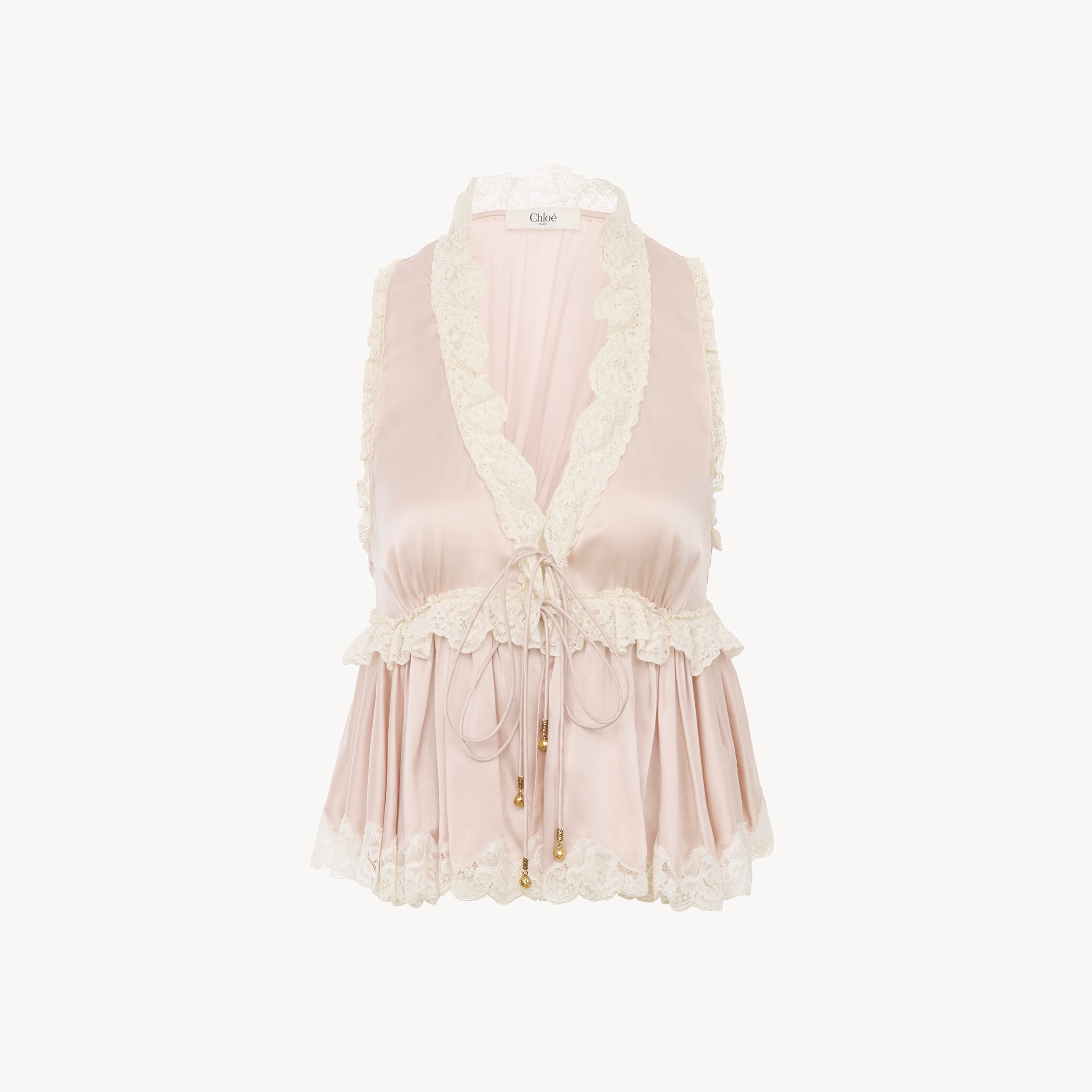 Chloé Top Sans Manches À Nouer En Satin De Soie Lavé Et Dentelle In Pink
