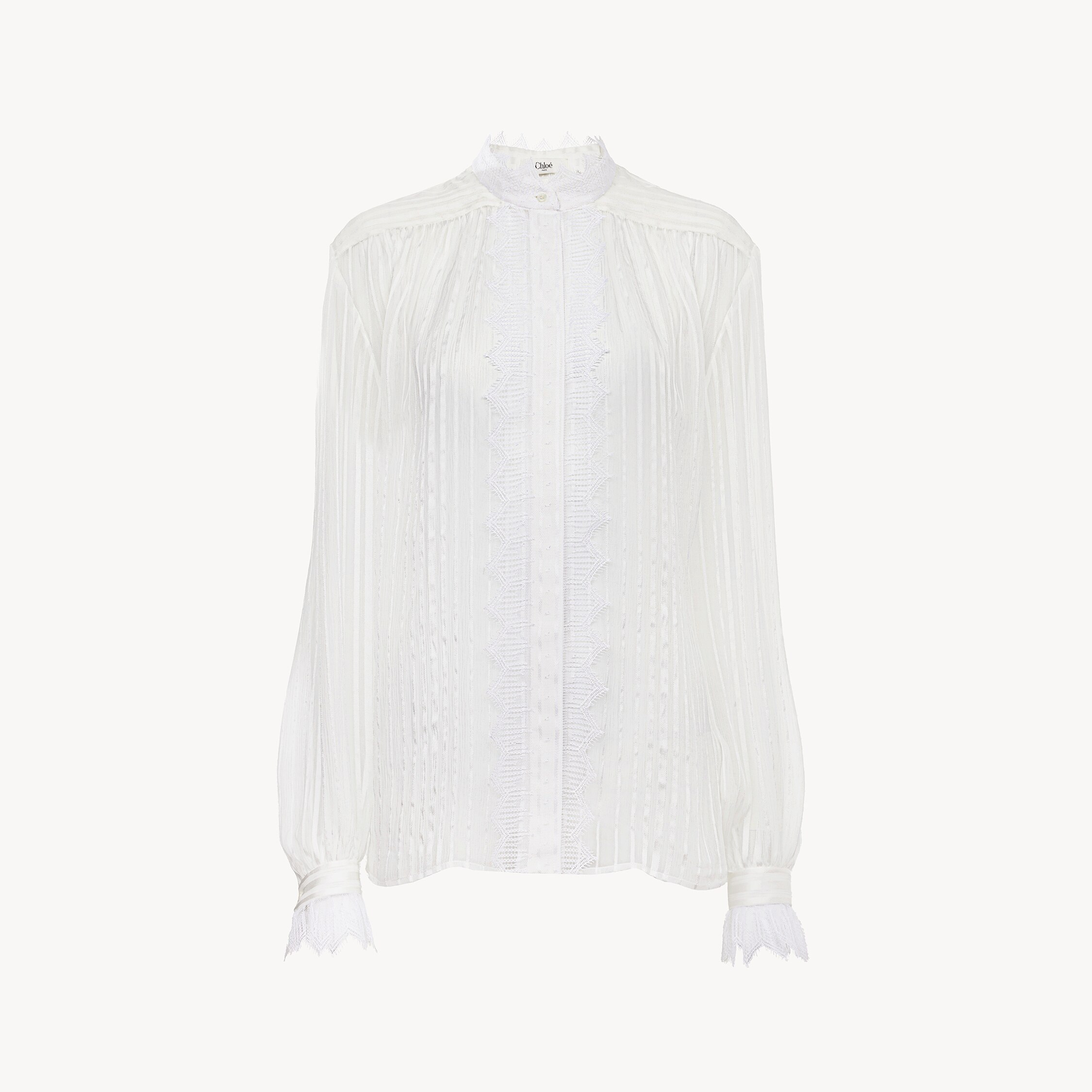 Chloé Gathered Blouse In Silk Mousseline & Lace In White