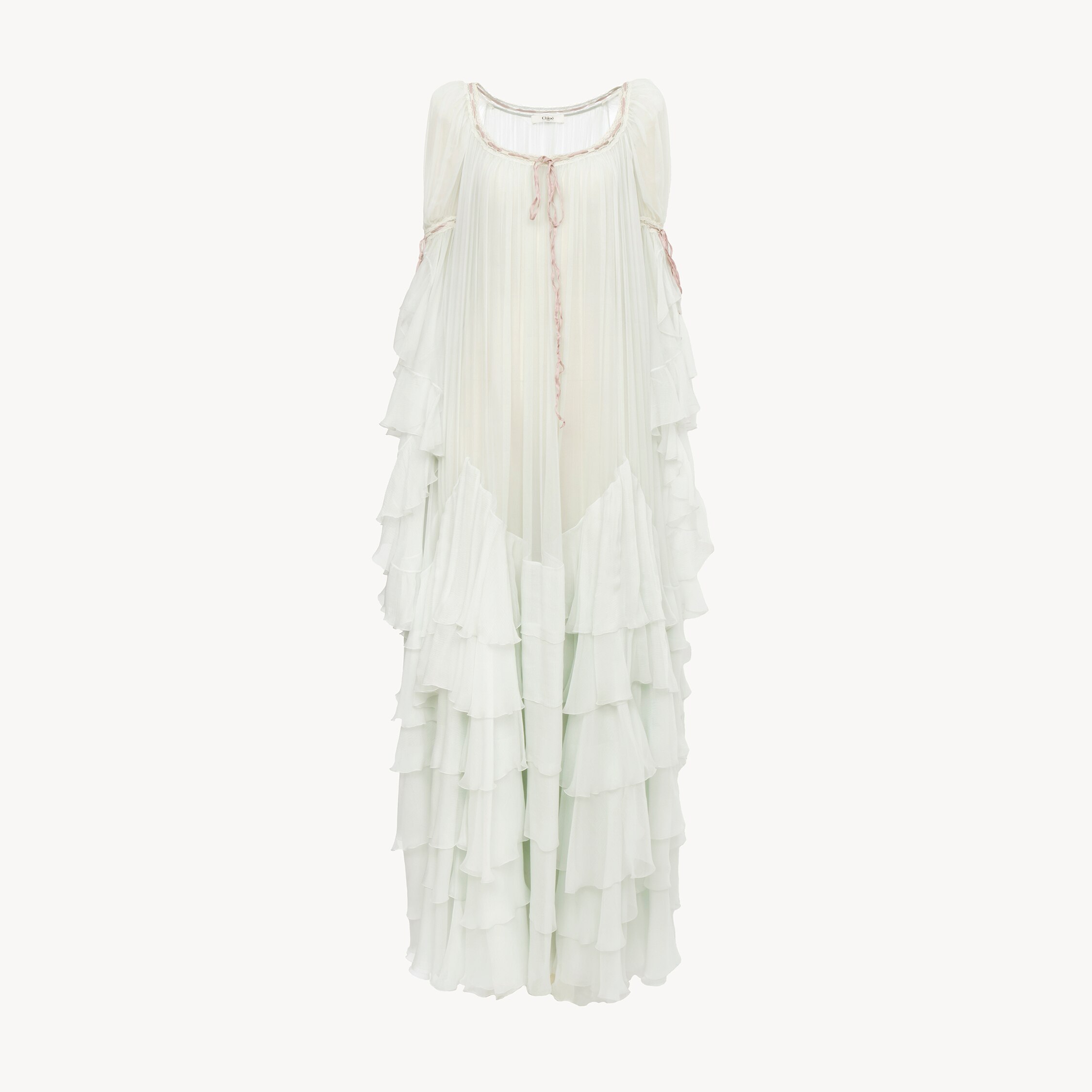 Chloé Robe Longue Oversize À Volants En Mousseline De Soie In Neutral
