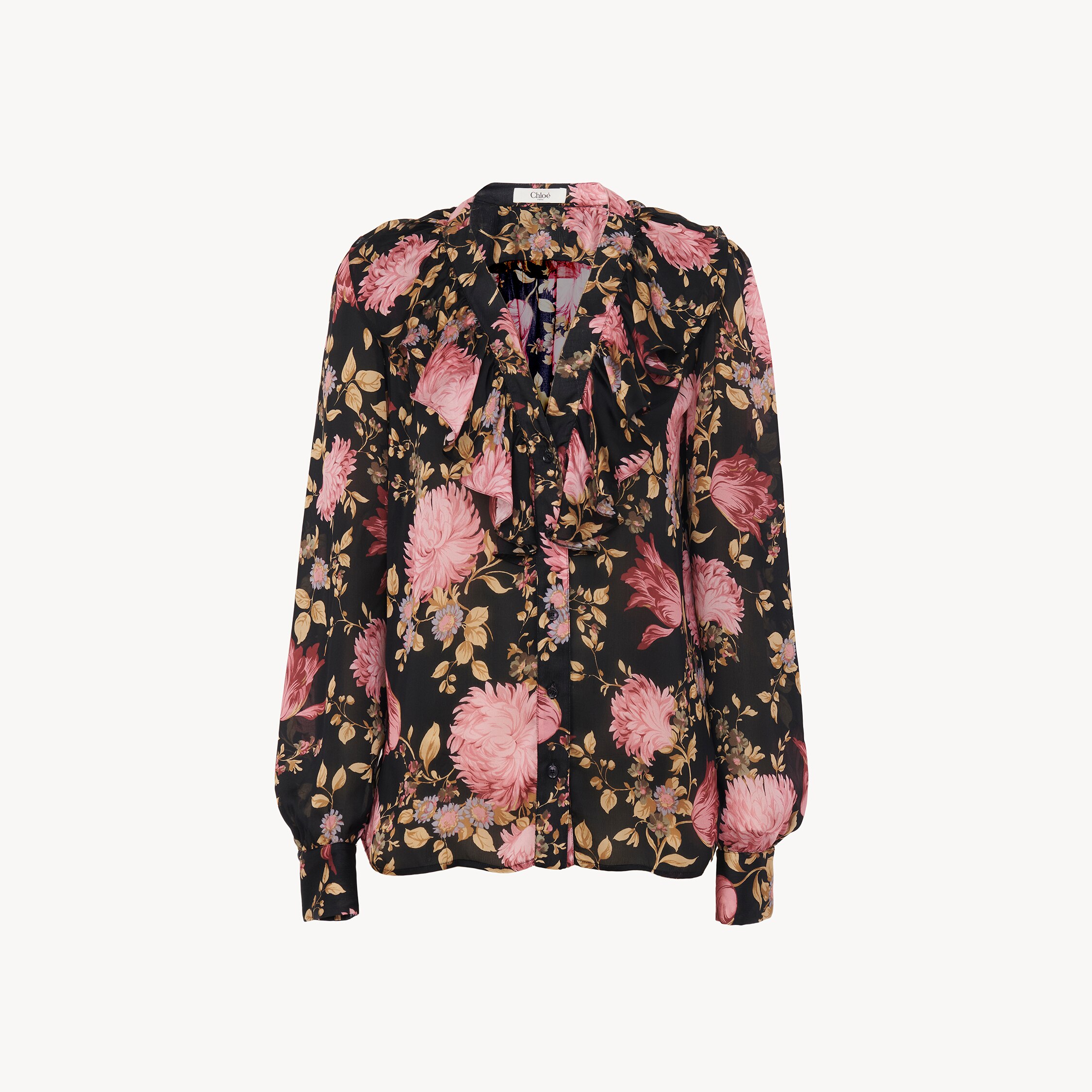 Chloé V-neck Ruffled Blouse In Silk Charmeuse In Black