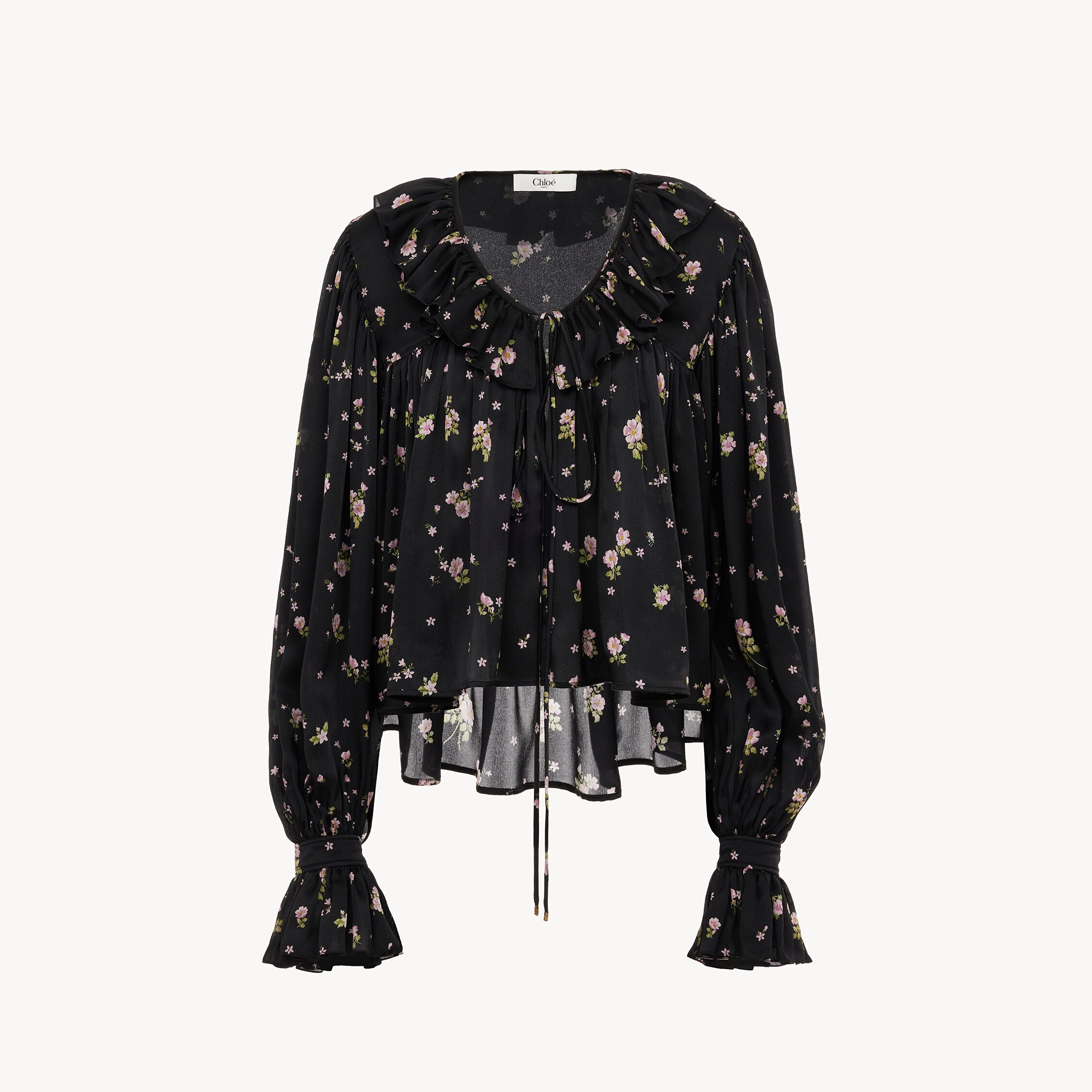 Chloé Maxi Top With Ruffles In Silk Charmeuse In Black