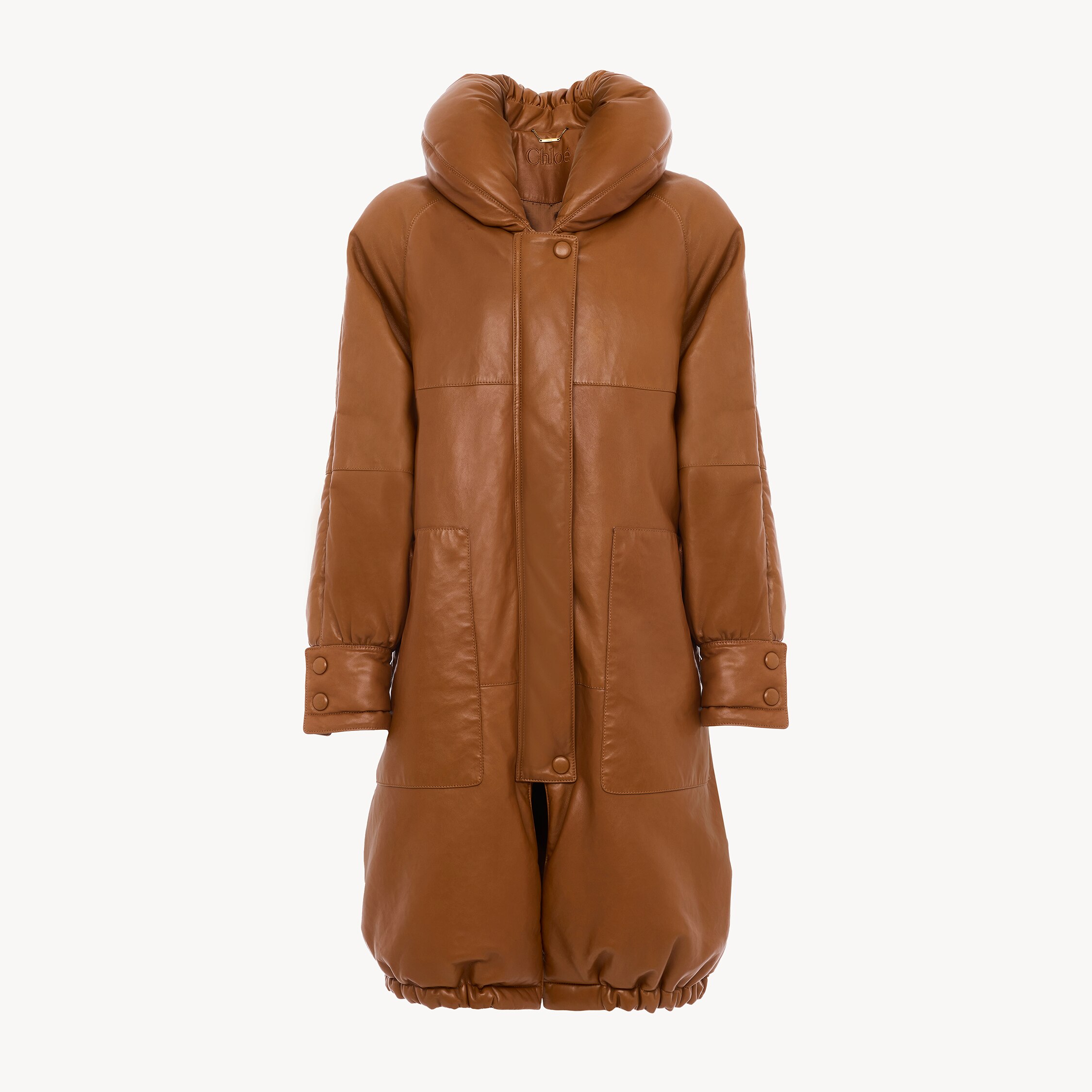 Chloé – Long puffer coat in leather – Mustard Brown – 42 – Domestic Lamb