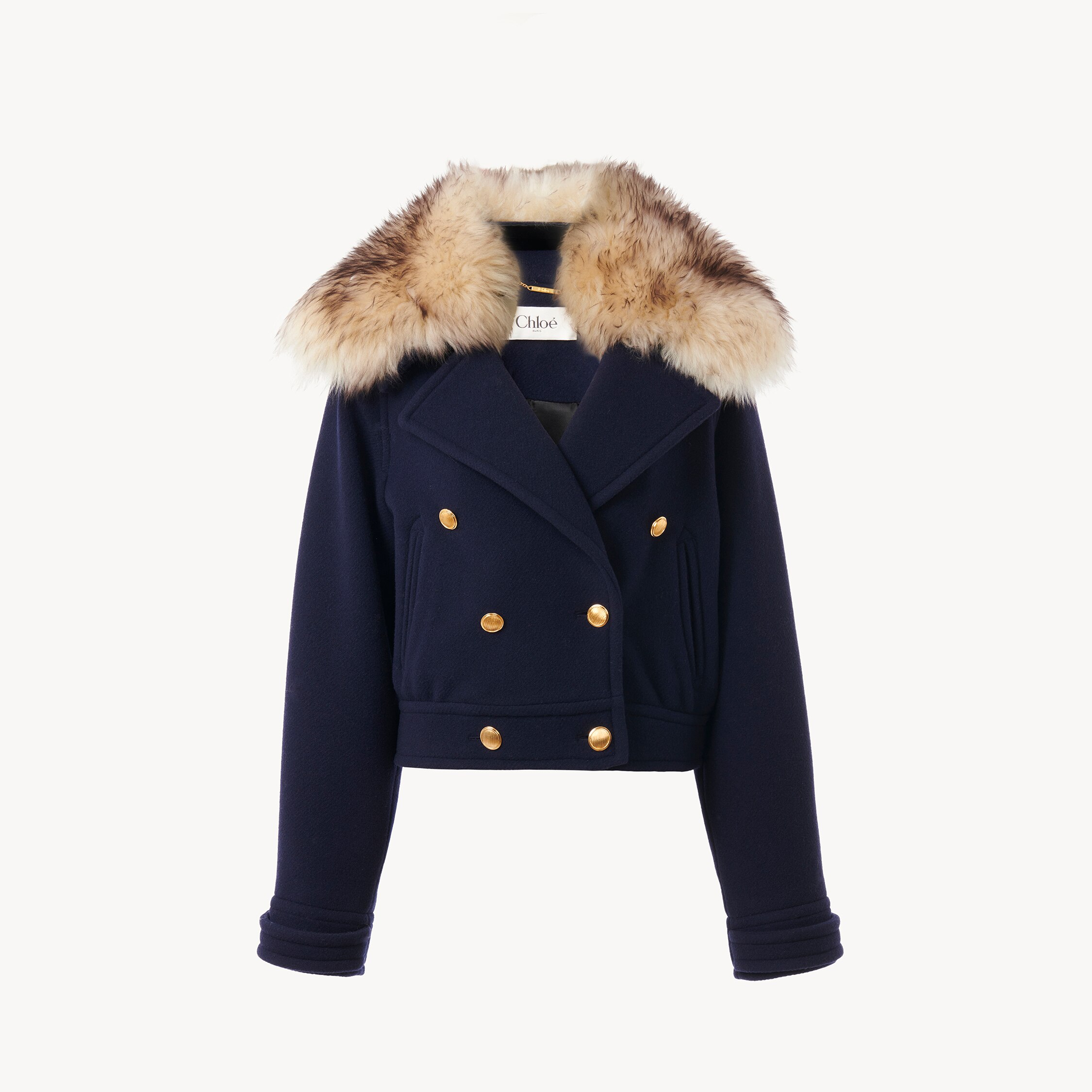 Chloé Double-breasted Fur Collar Gold Buttons Jacket In Blue