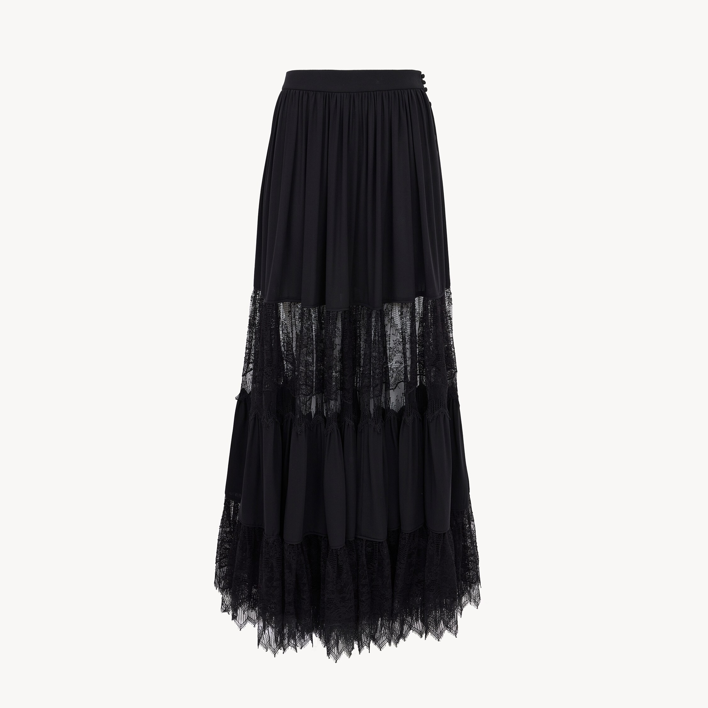 Chloé Tiered Long Skirt In Silk Georgette & Lace In Black