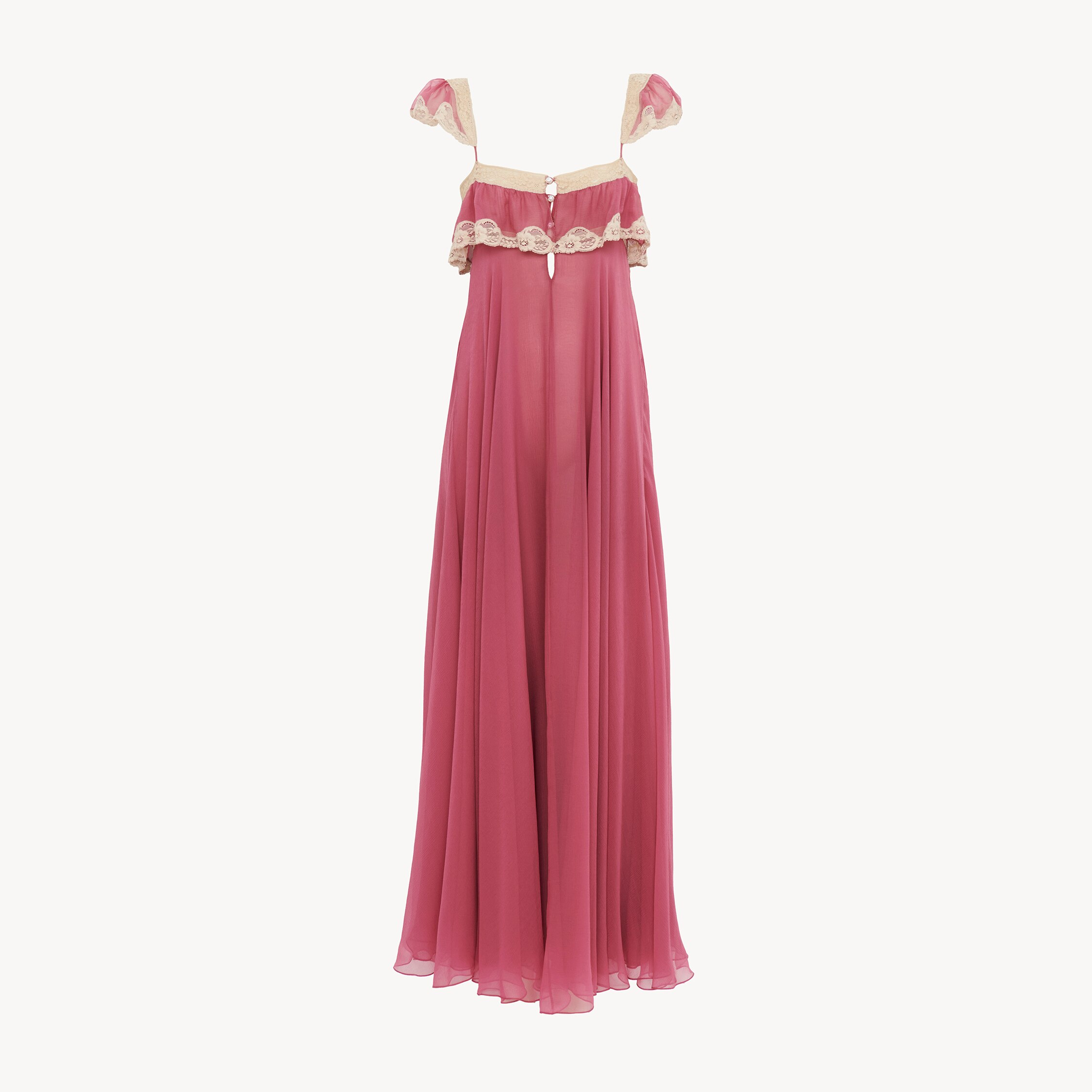 Chloé Robe Longue Fluide En Mousseline De Soie Et Dentelle In Pink