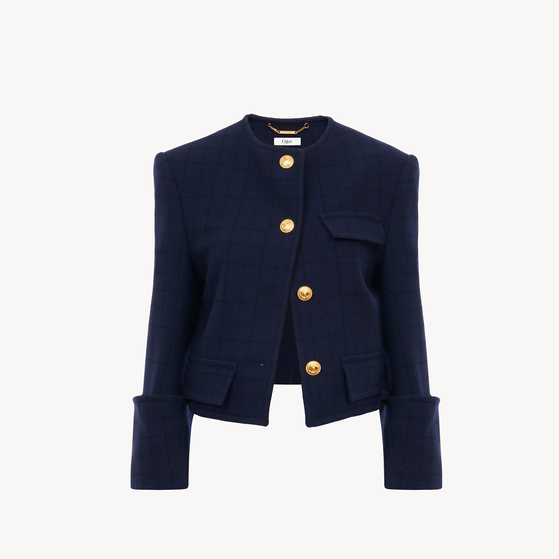 Chloé Boxy Collarless Jacket In Wool Check In Purple
