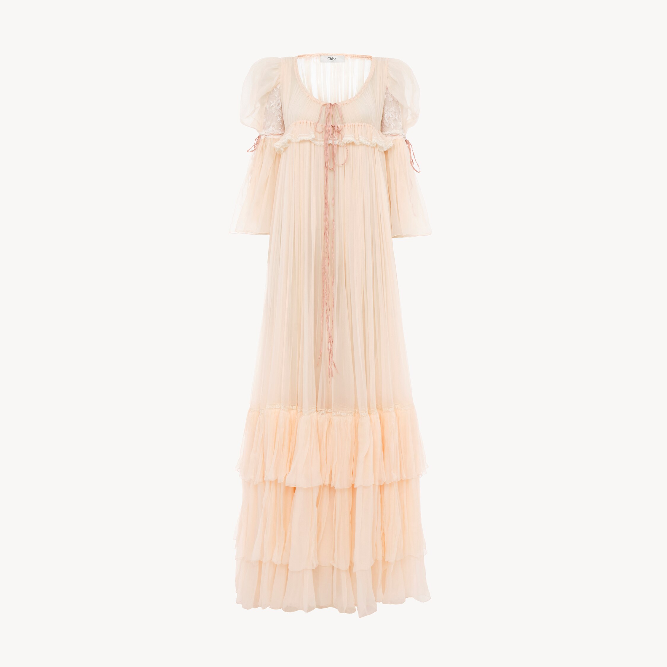 Chloé Robe Longue Oversize À Volants En Mousseline De Soie Et Dentelle In Multi