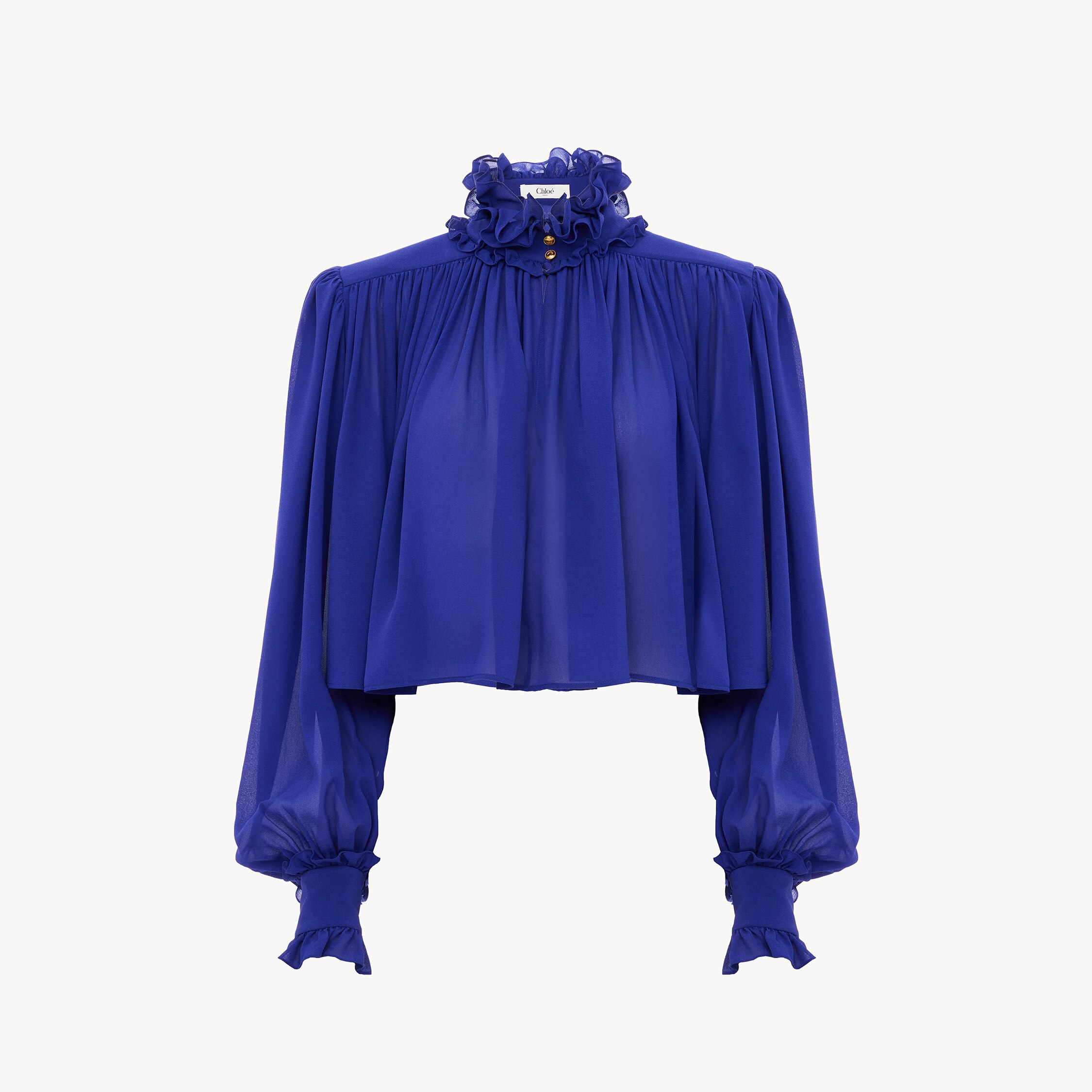Chloé Maxi Gathered High-neck Top In Silk Georgette In Blue