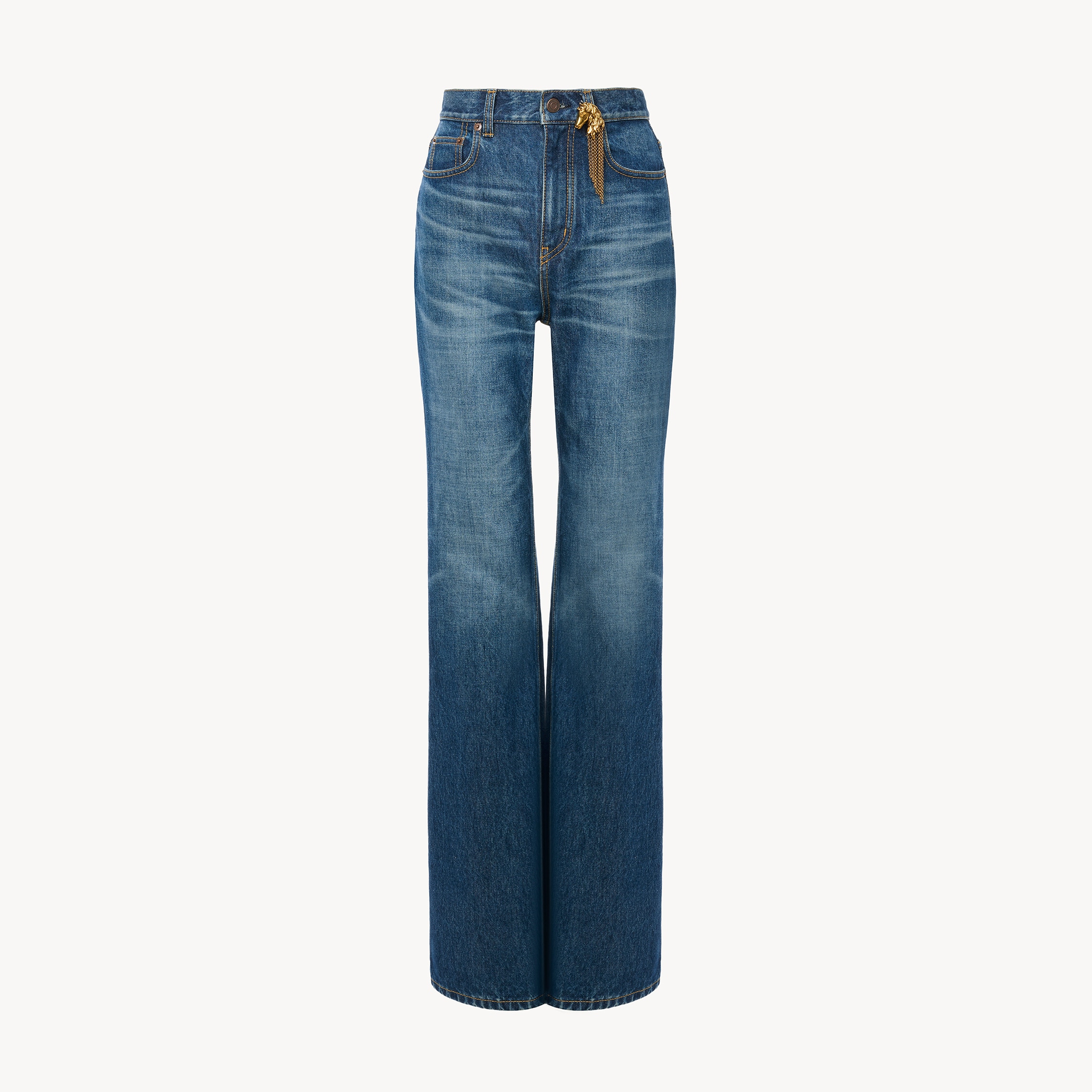 Chloé Women Blue Jeans With Wide Leg And Pendant Charm On The Front In Denim Woman In Blue