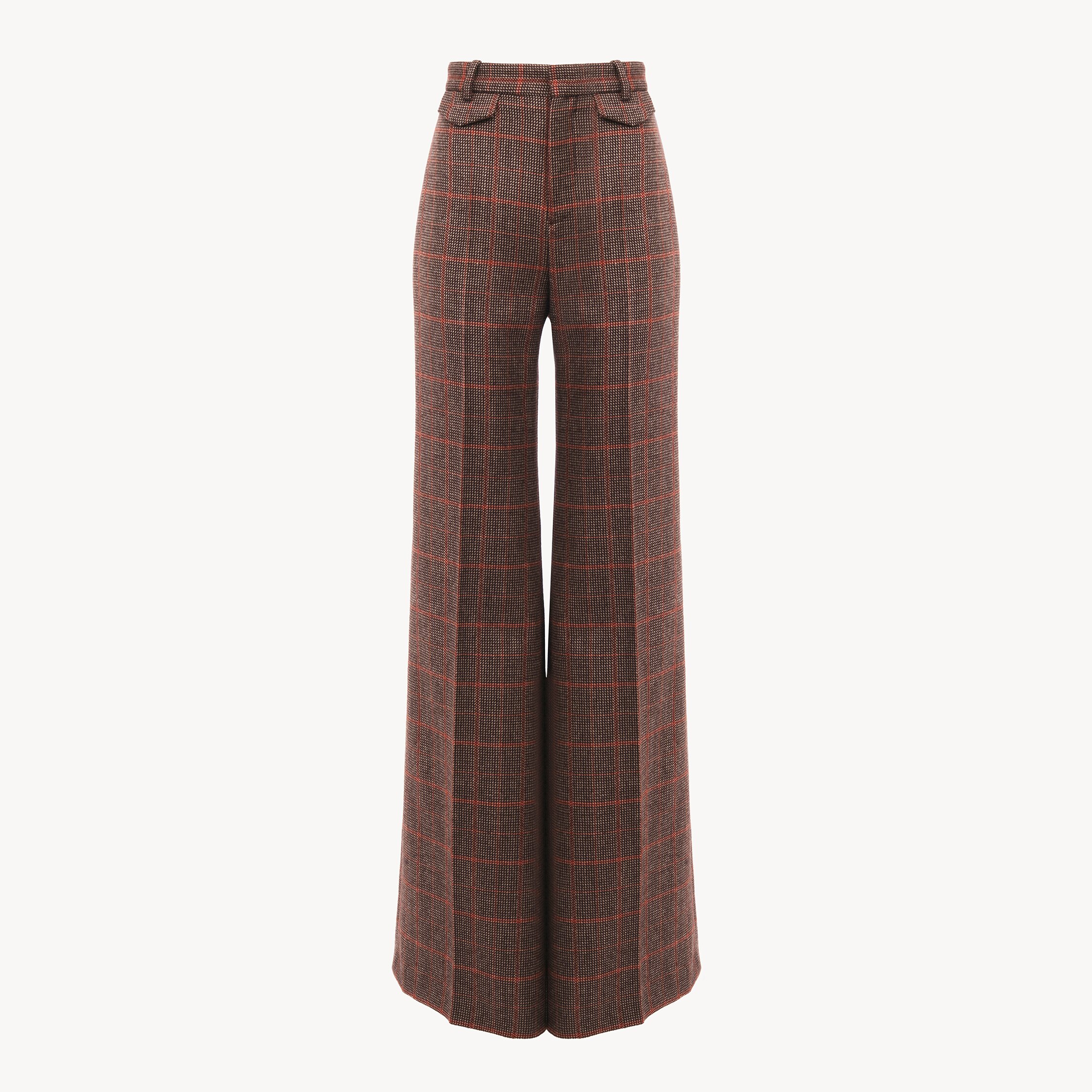 Chloé Pantalon Taille Haute Évasé En Laine À Carreaux In Brown