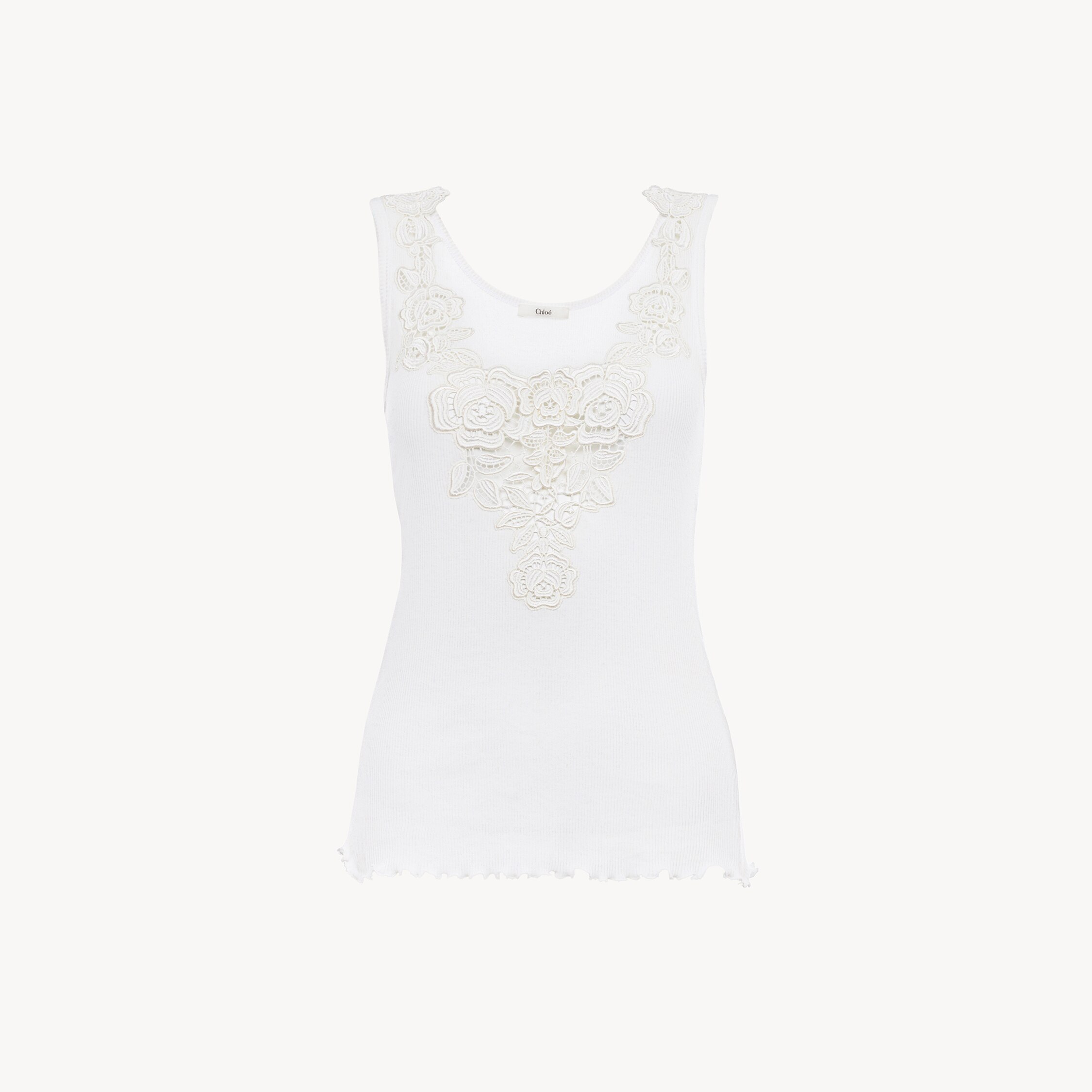 Chloé Fitted Tank Top In Cotton Jersey & Guipure In White