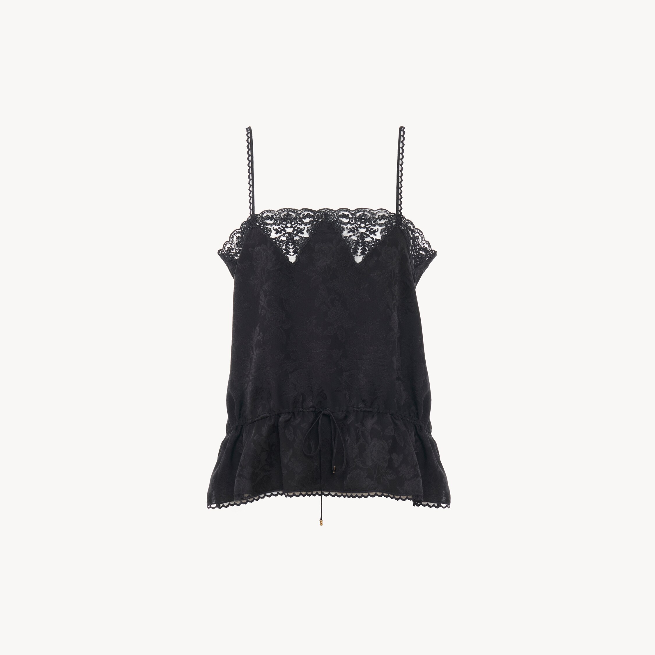Chloé Drawstring Camisole Top In Silk Jacquard & Lace In Black