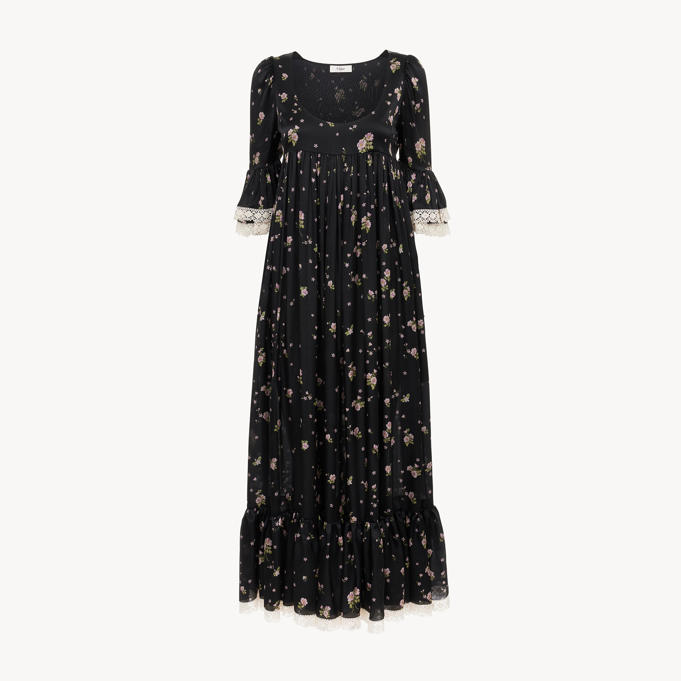 Chloé Lace-trimmed Gathered Floral-print Silk-charmeuse Midi Dress In Black