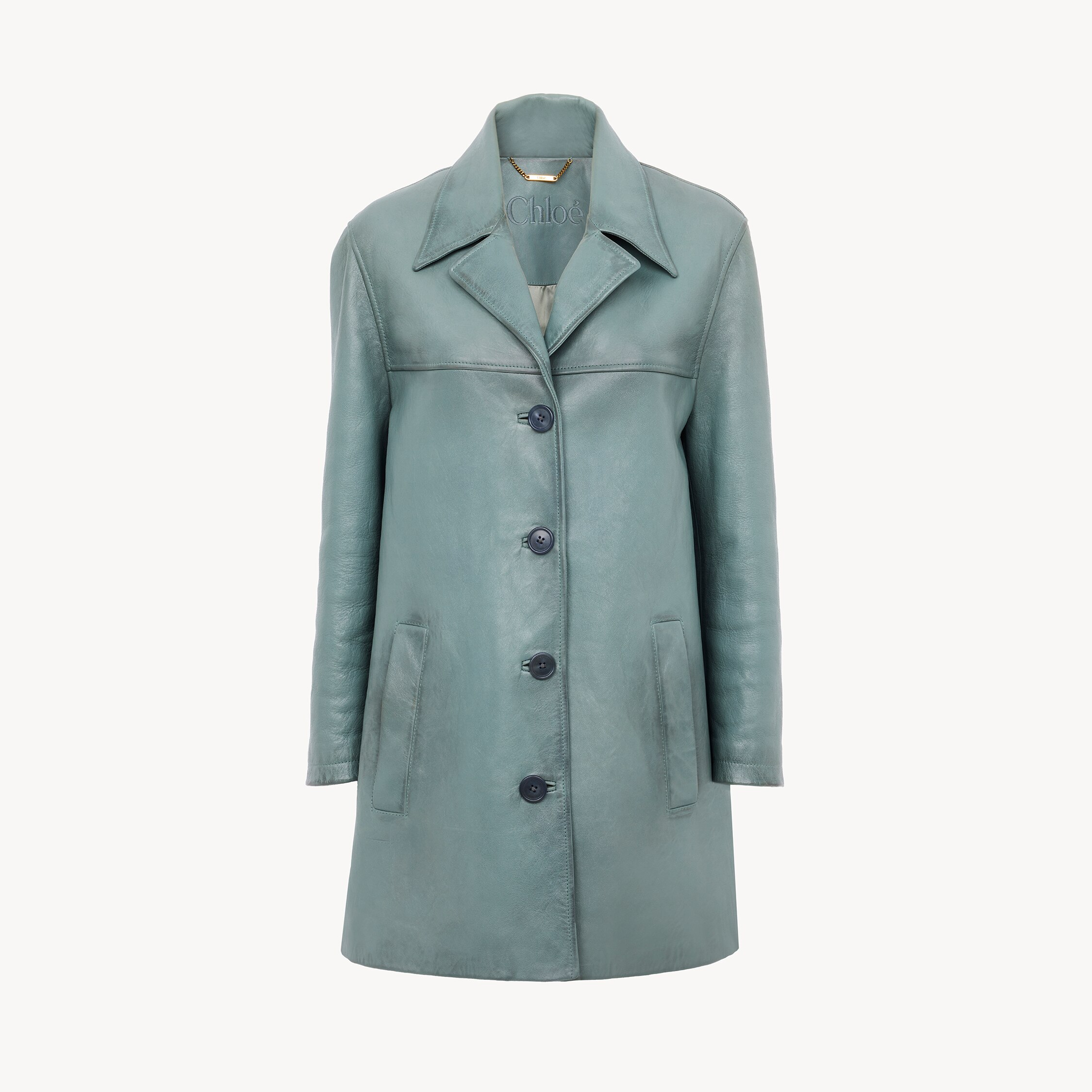 Chloé Single-breasted Long Jacket In Leather In Blue