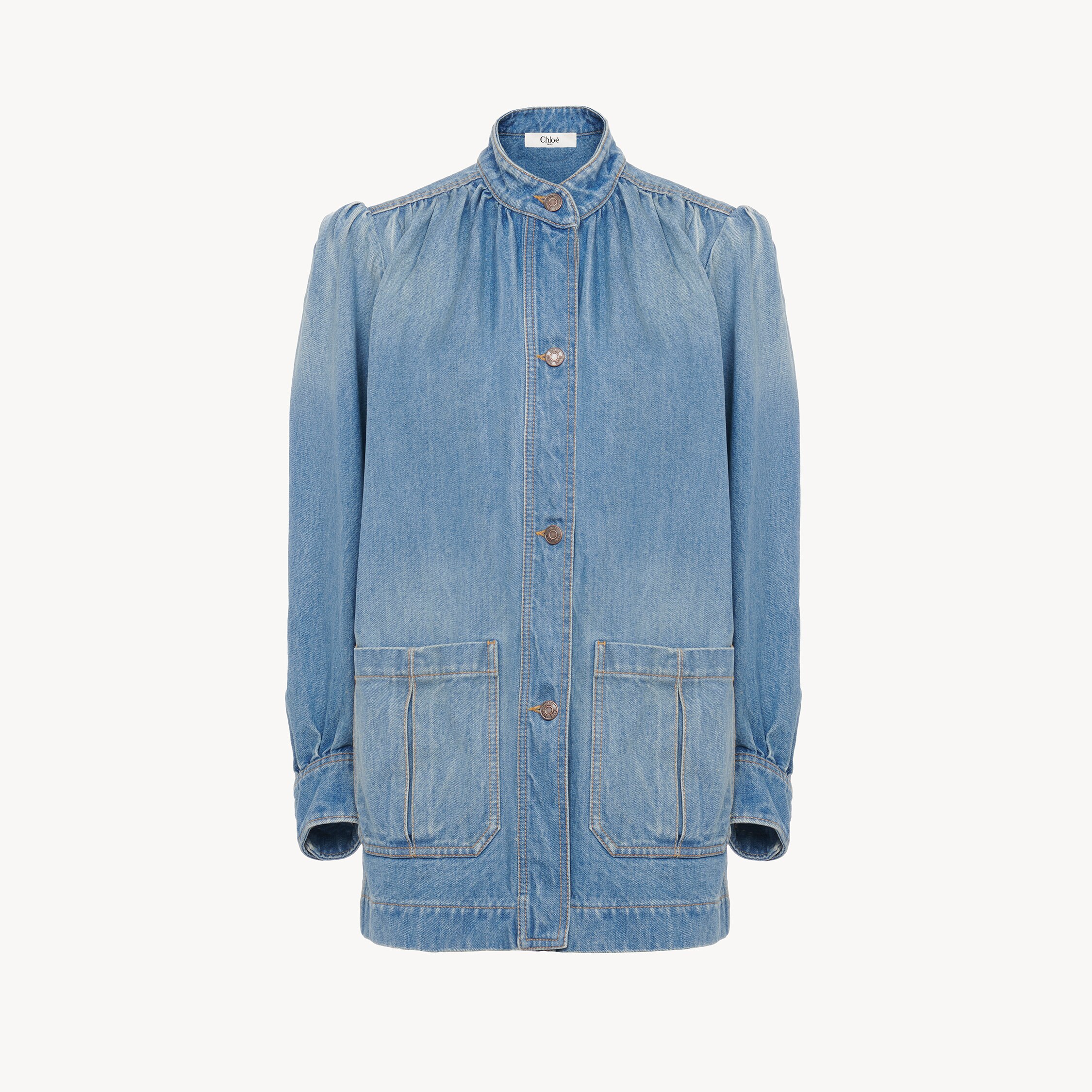 Chloé High-neck Gathered Jacket In Denim In Blue