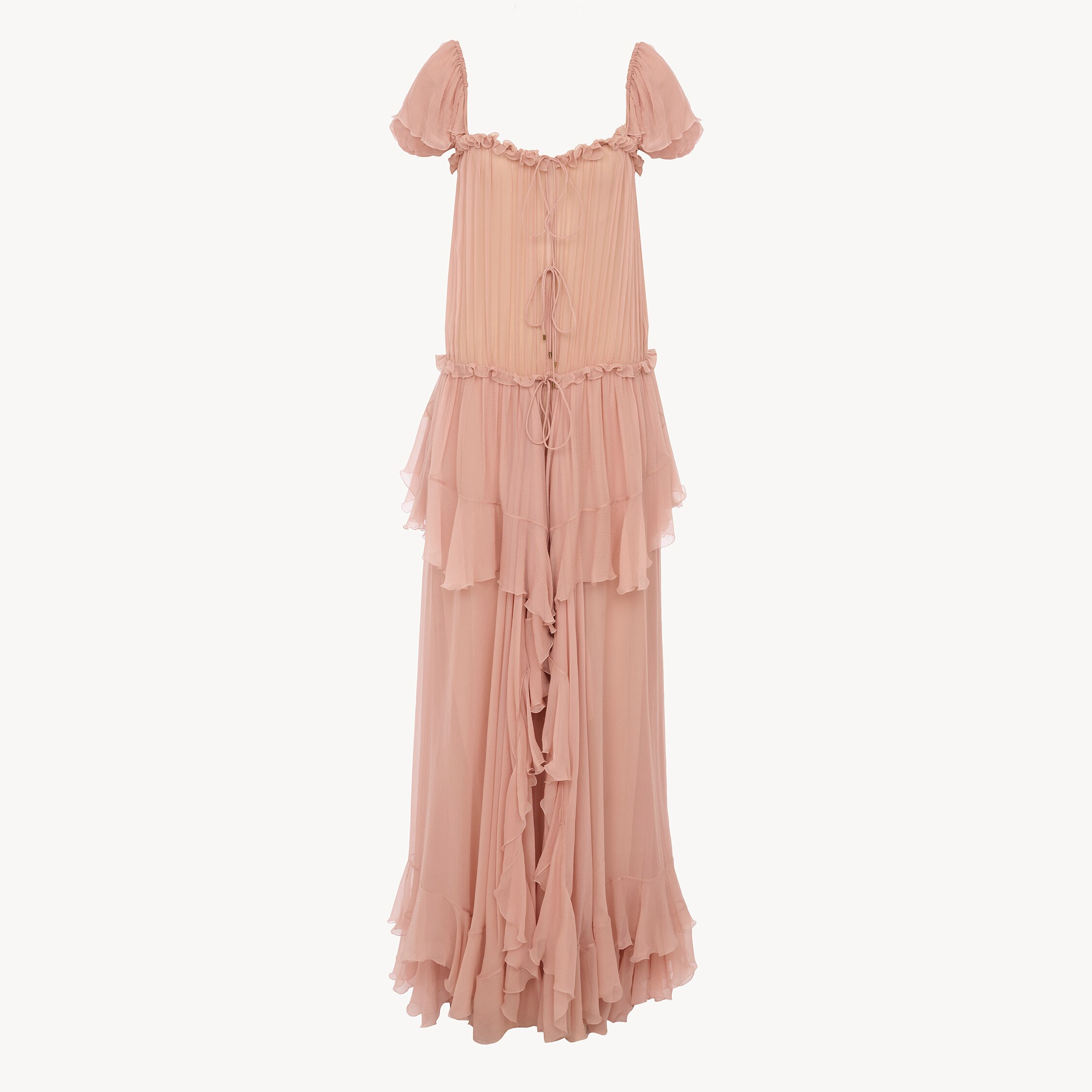 Chloé Gathered Long Ruffled Dress In Silk Mousseline In Brown